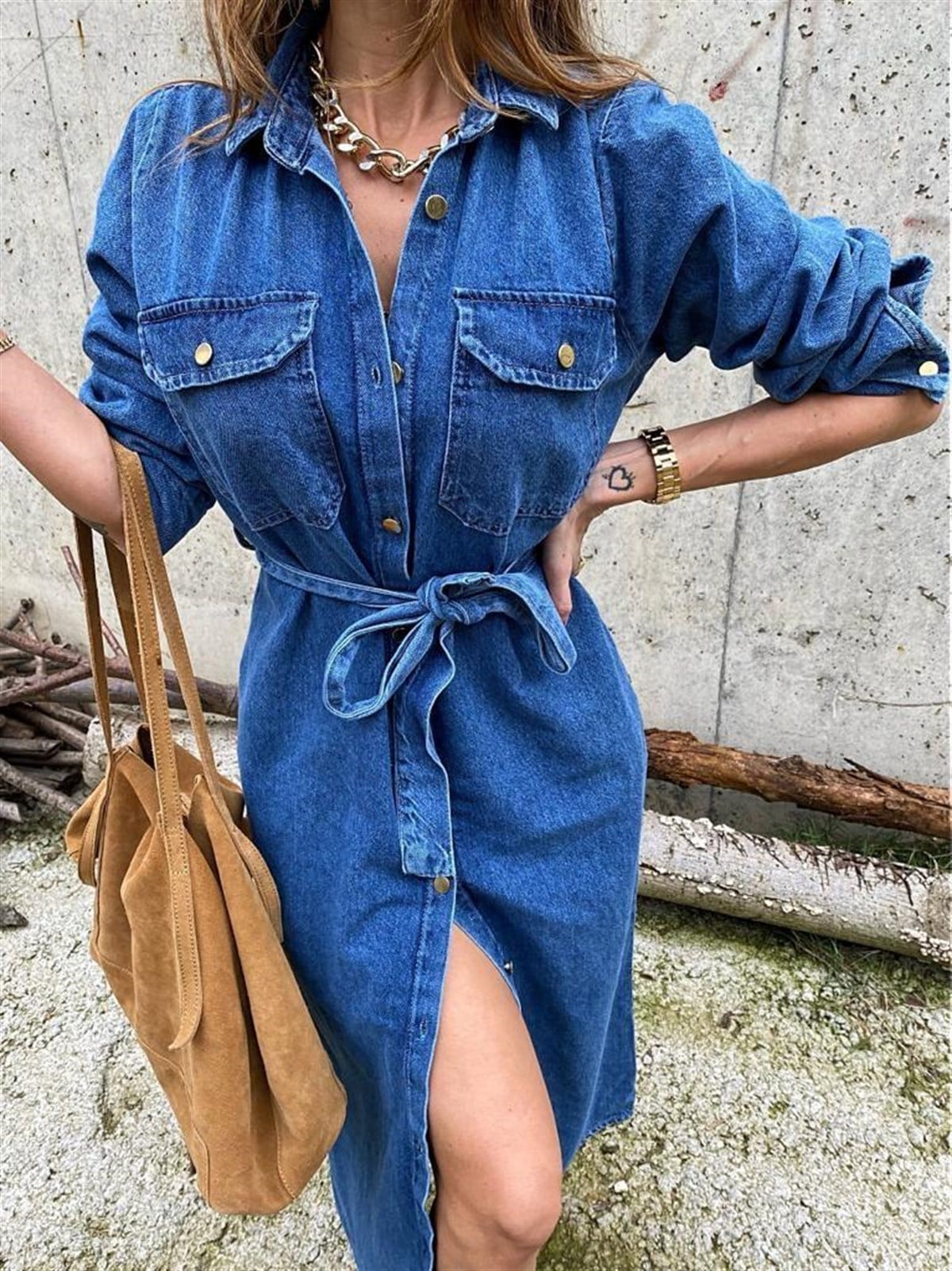 Mavi Denim Cepli Ve Kuşak Detay Tasarım Jean Elbise