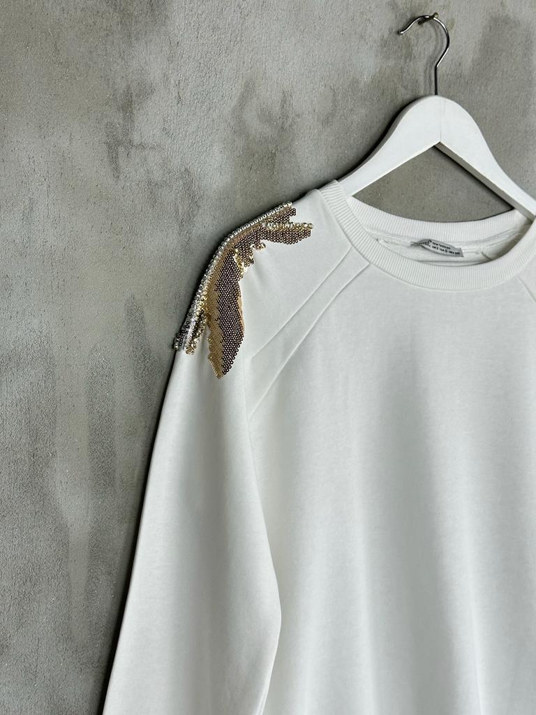 Omuzdan Pul Payet Ve Taş İşçilikli Sweat (Beyaz)