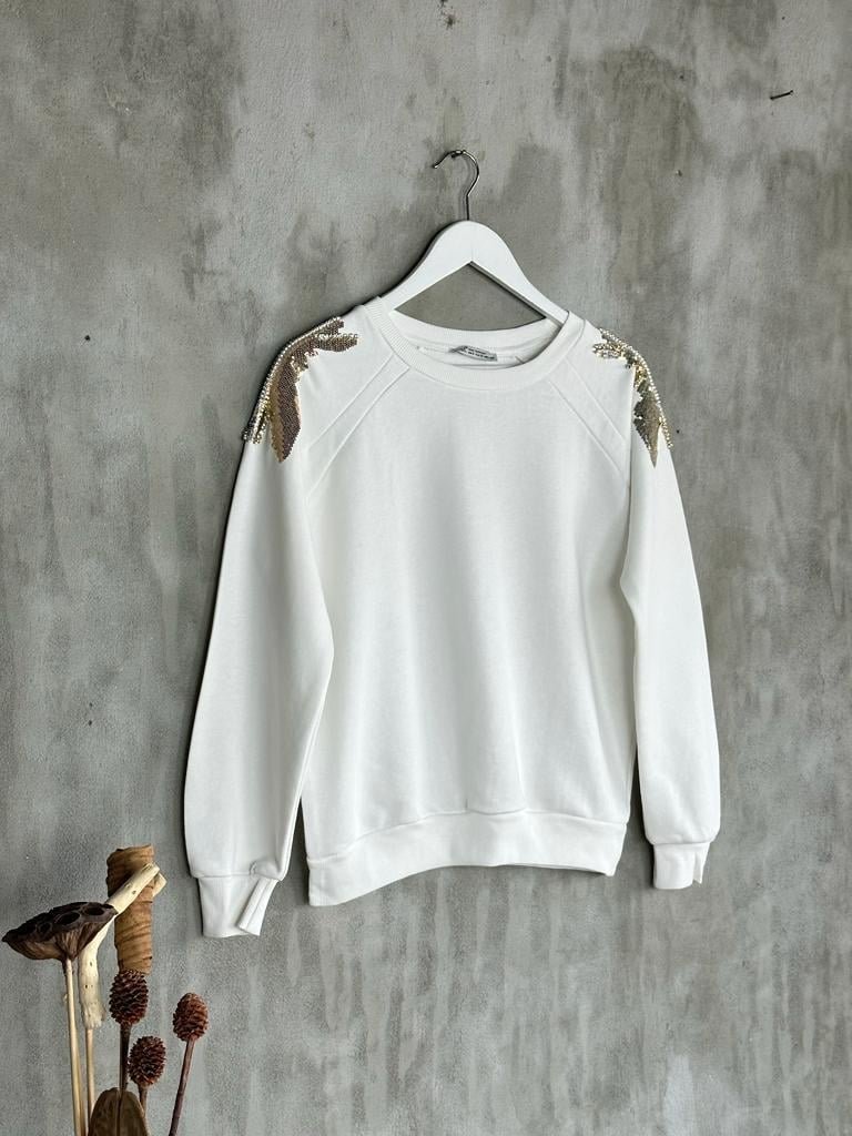 Omuzdan Pul Payet Ve Taş İşçilikli Sweat (Beyaz)