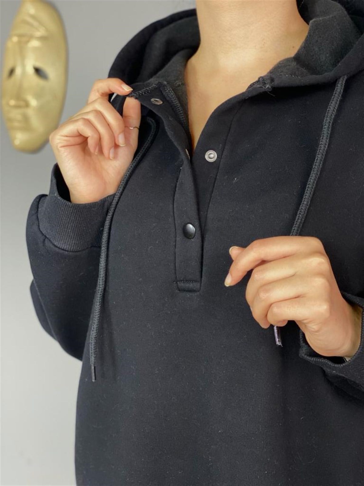 Önü Çıtçıt Detaylı Tunik Sweat (Siyah)