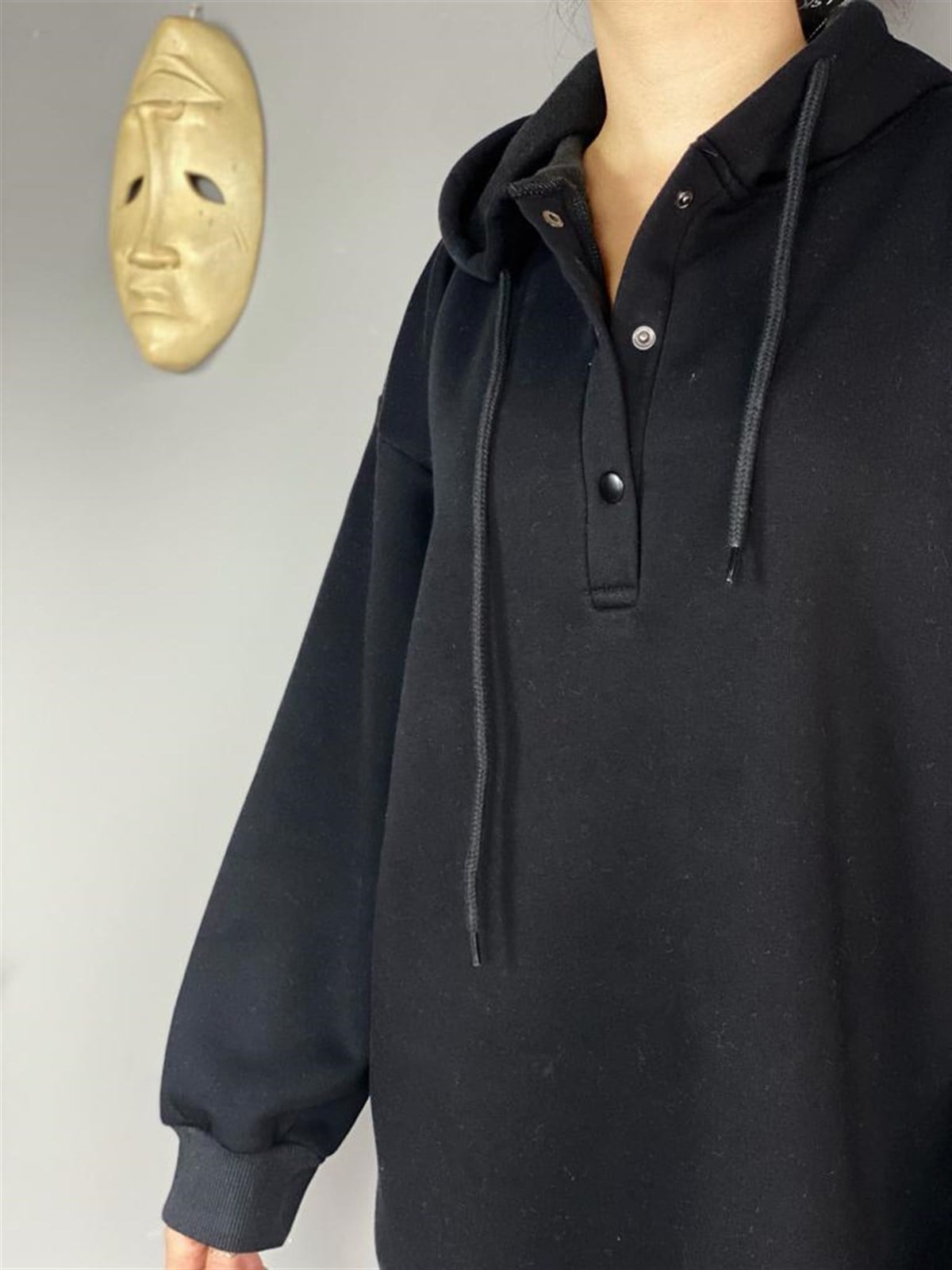 Önü Çıtçıt Detaylı Tunik Sweat (Siyah)