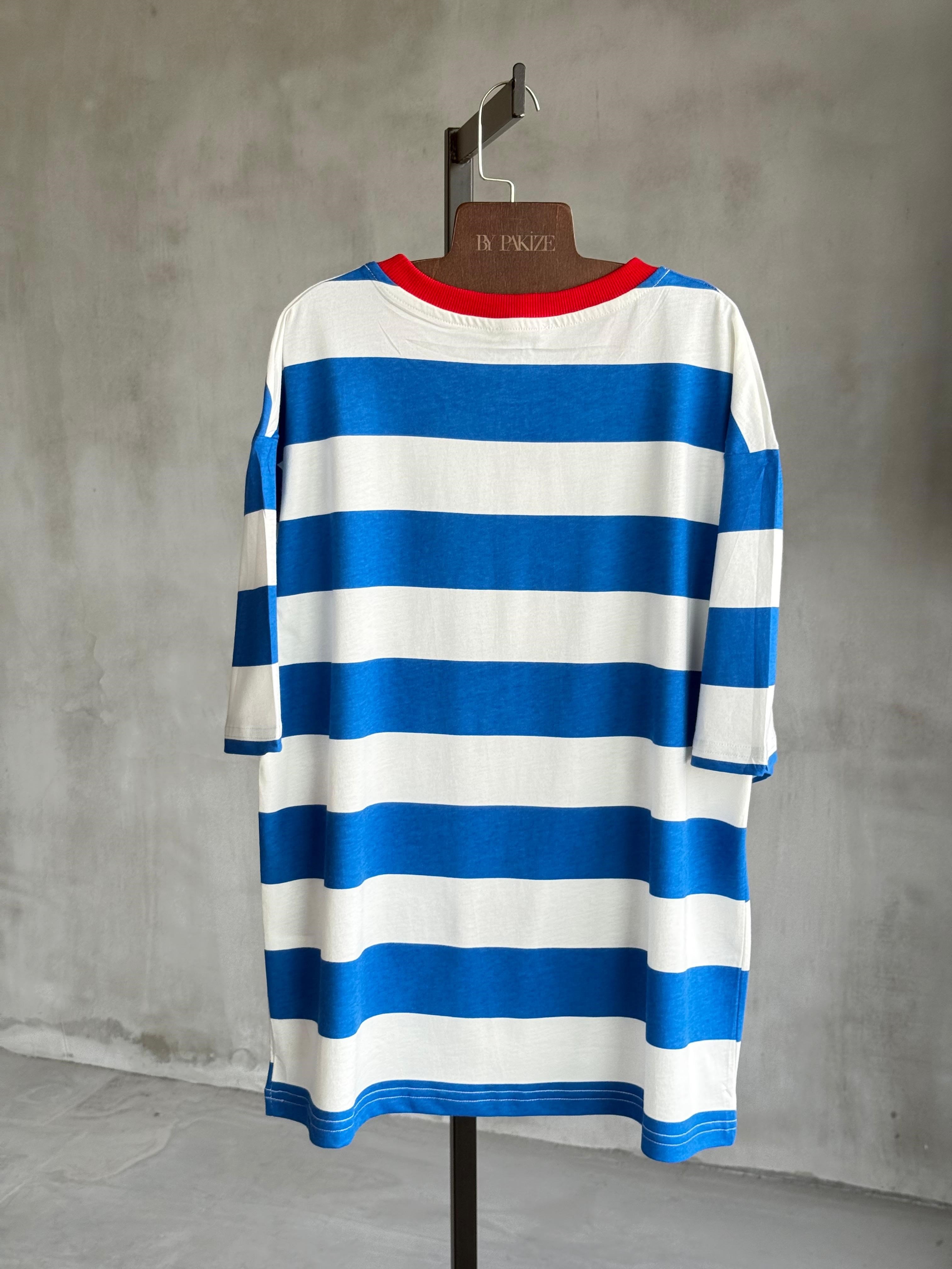 ÜRETİM AŞAMASINDADIR ÖN SİPARİŞE AÇIKTIR...Çizgili Mantar Baskılı Dokuma Tişört (Mavi)