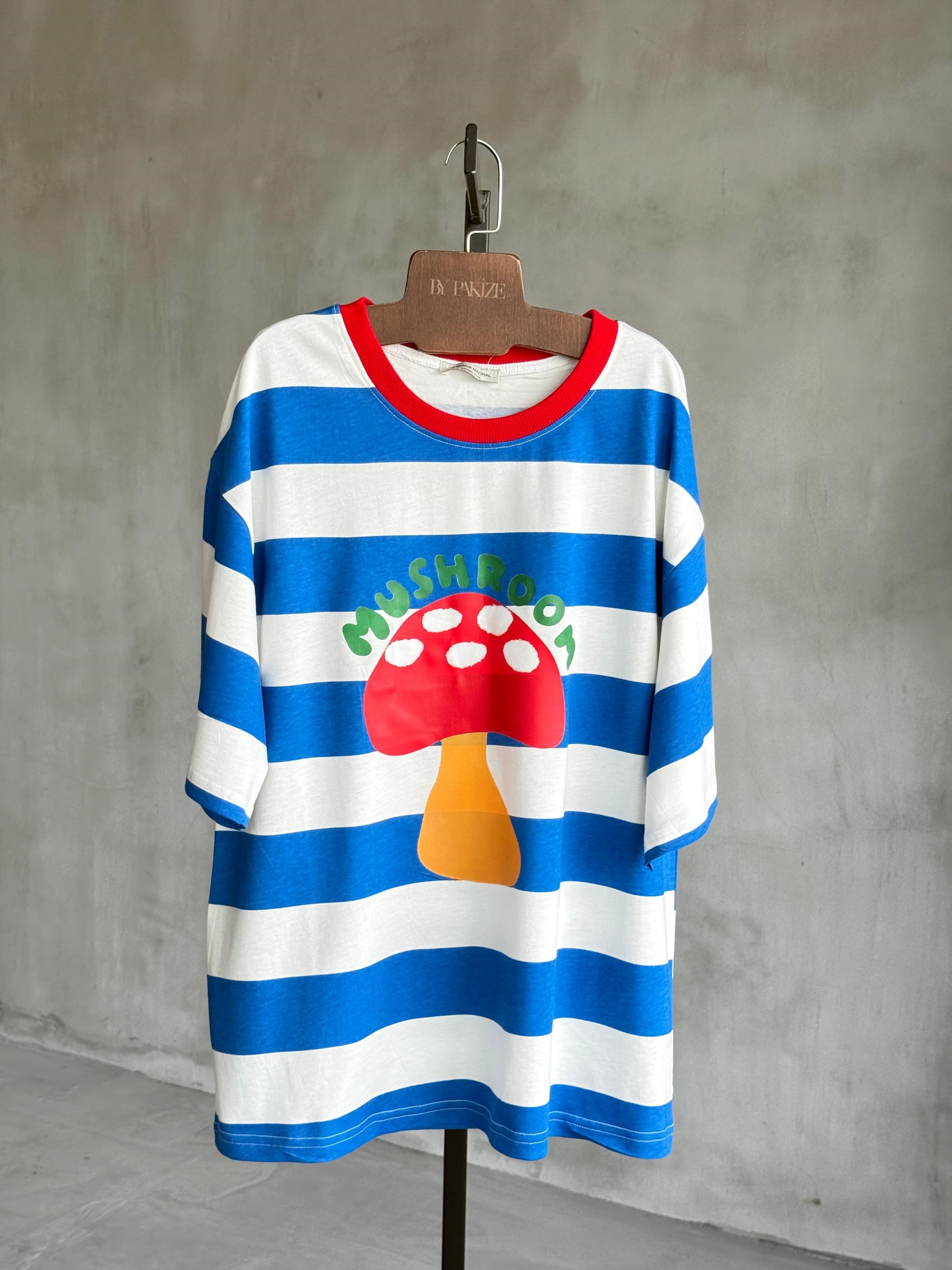 ÜRETİM AŞAMASINDADIR ÖN SİPARİŞE AÇIKTIR...Çizgili Mantar Baskılı Dokuma Tişört (Mavi)