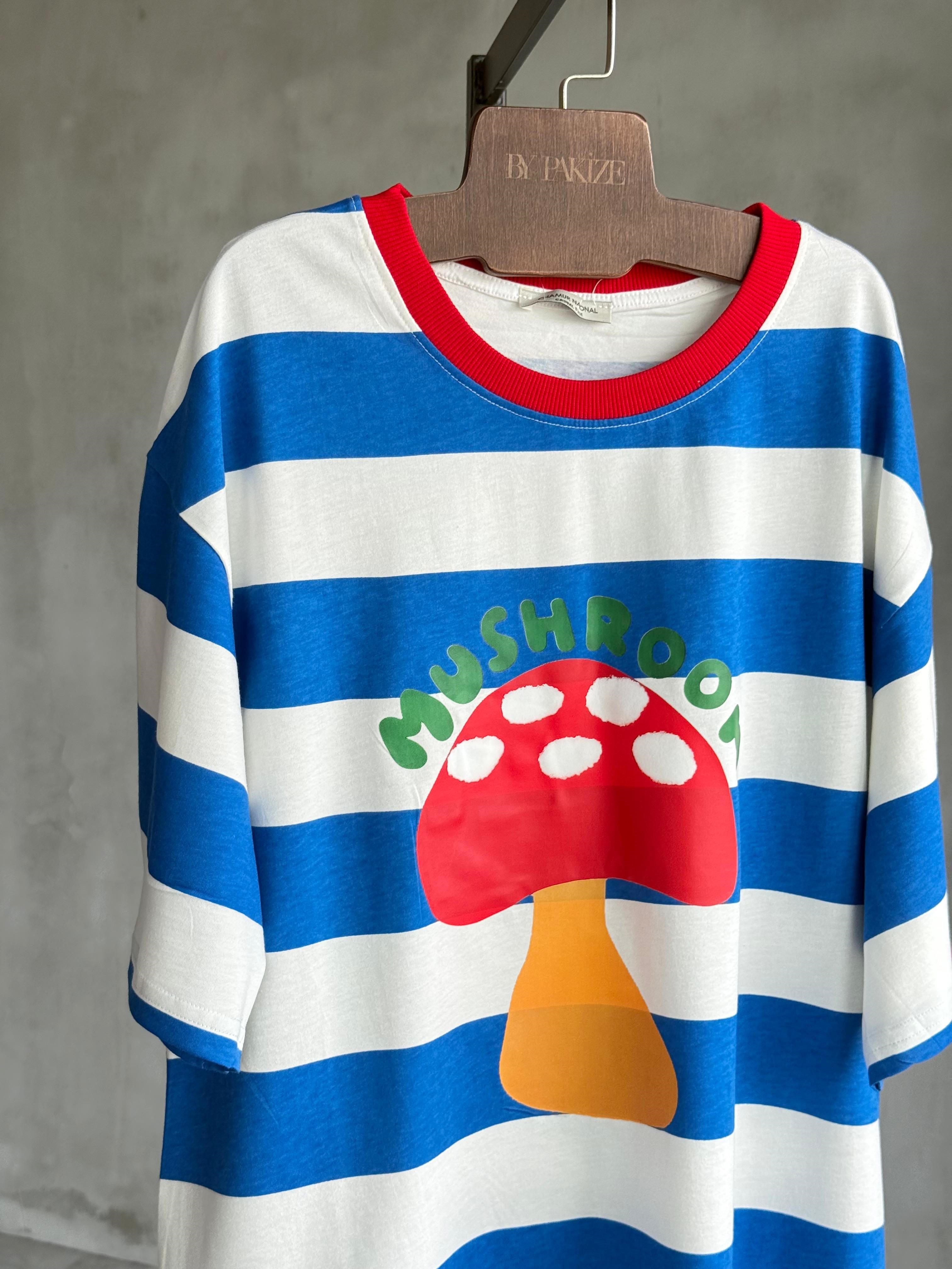 ÜRETİM AŞAMASINDADIR ÖN SİPARİŞE AÇIKTIR...Çizgili Mantar Baskılı Dokuma Tişört (Mavi)