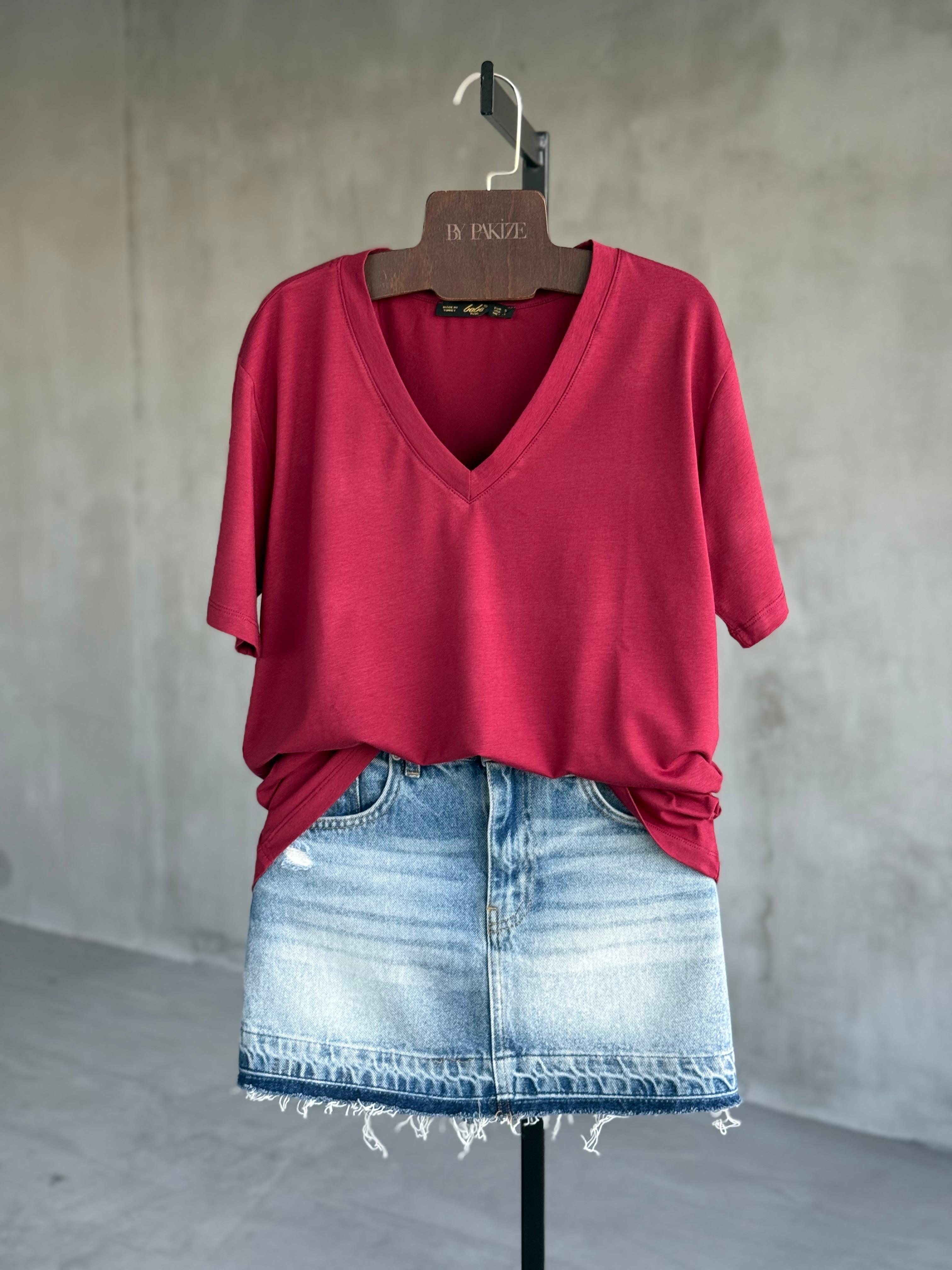 Oys V Yaka Basic Tişört (Bordo)