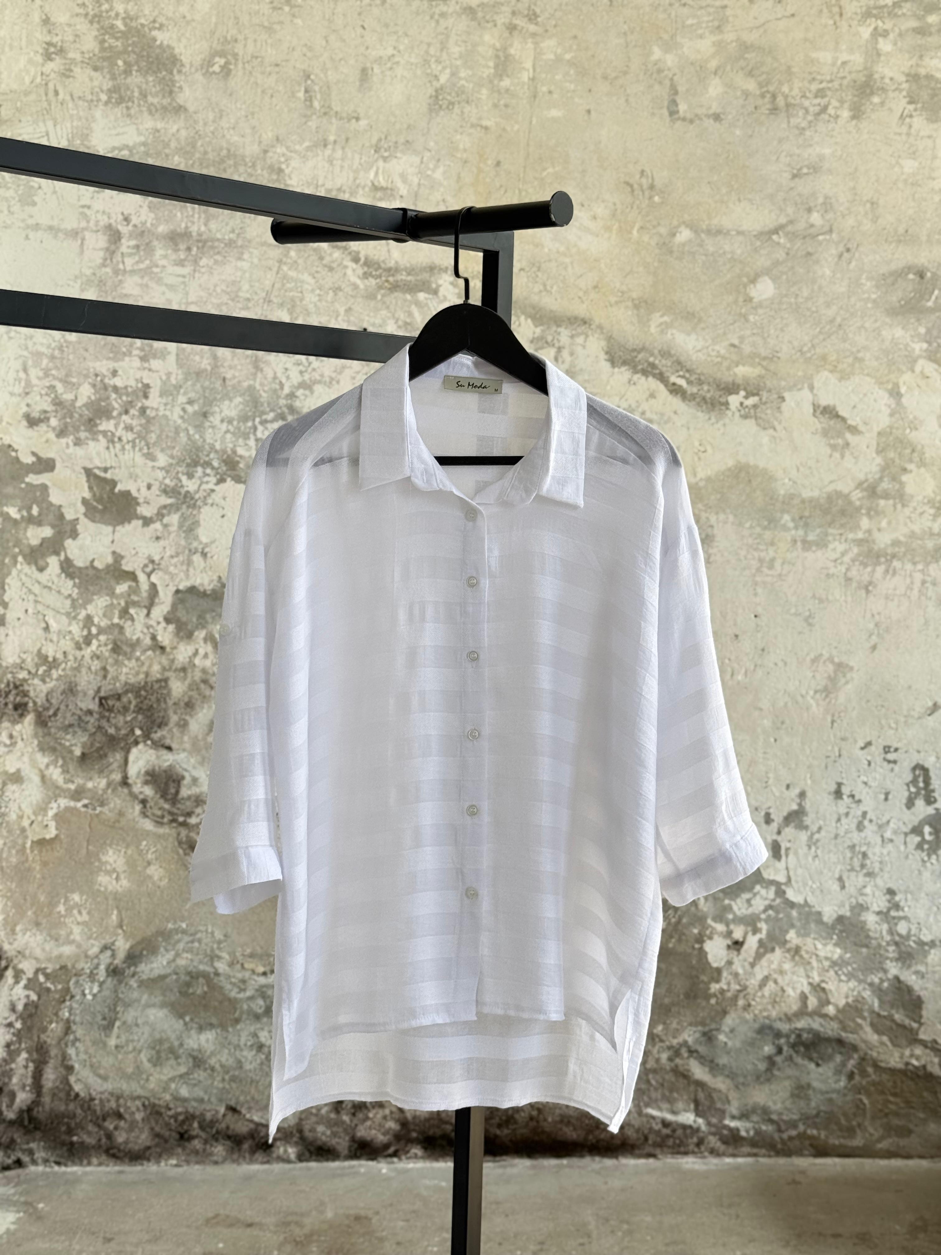 Pamuk Keten Oversize Gömlek (Beyaz)