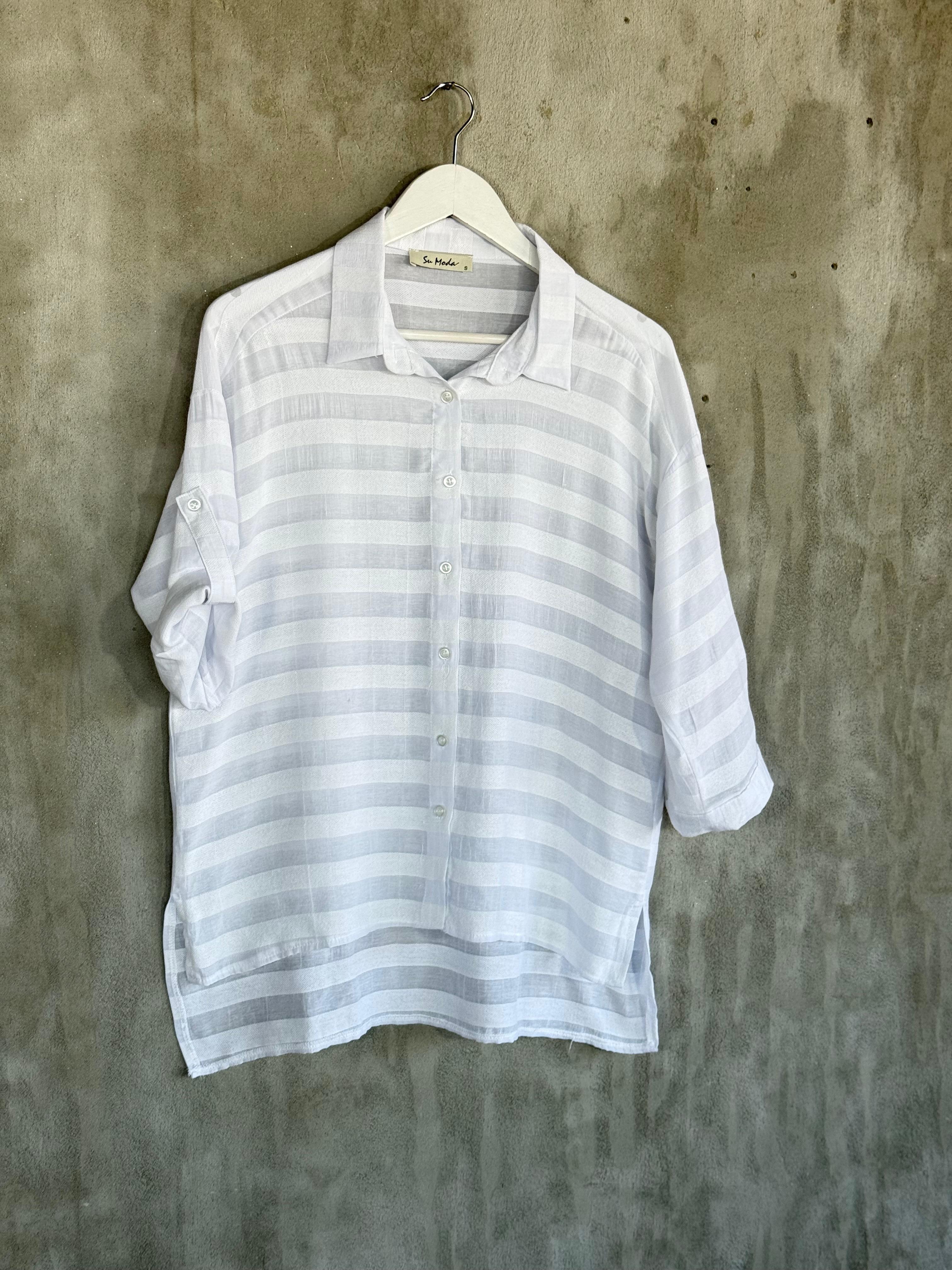 Pamuk Keten Oversize Gömlek (Beyaz)