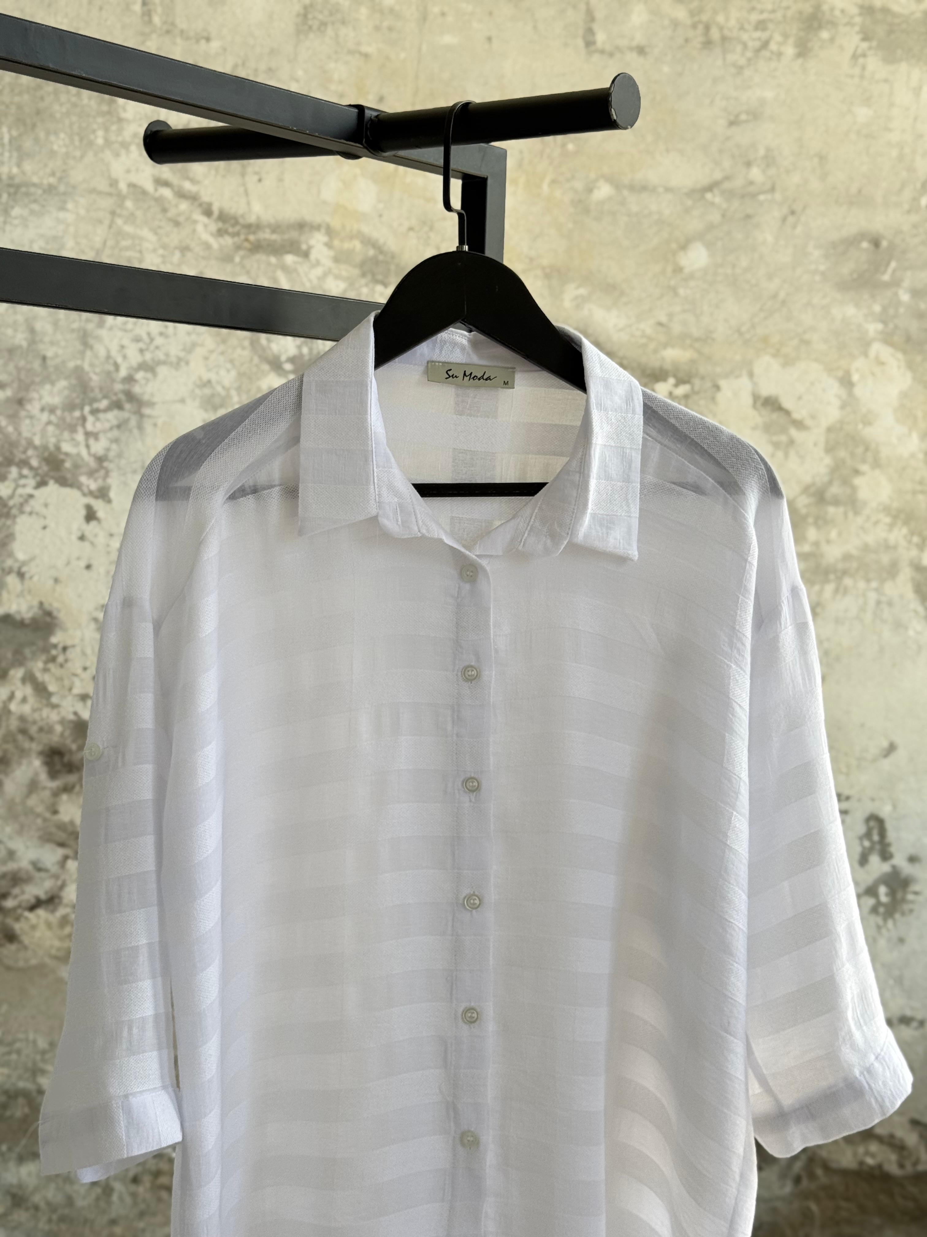 Pamuk Keten Oversize Gömlek (Beyaz)