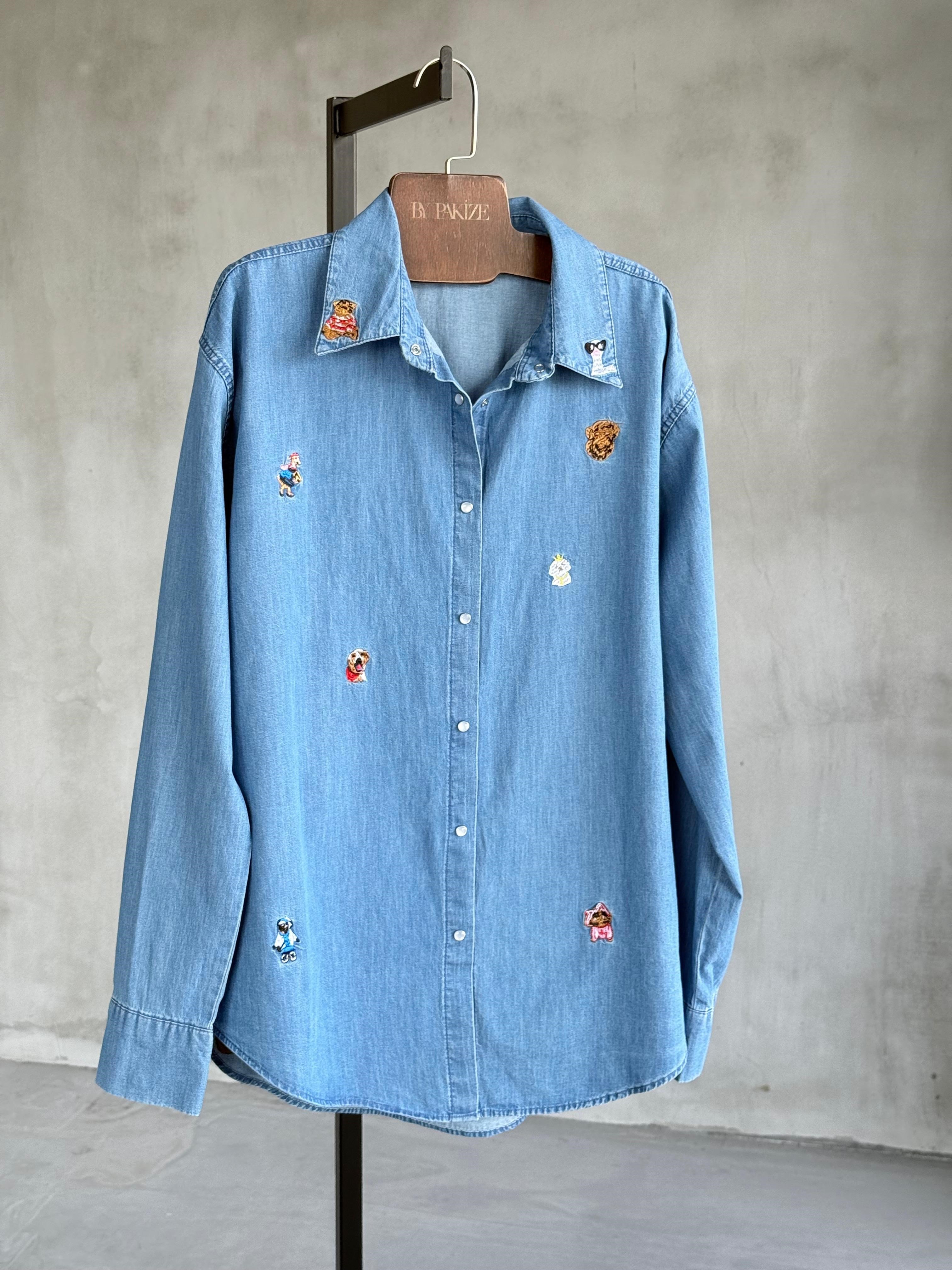 Premium Figür Nakışlı Denim Marka Model Gömlek (Mavi)