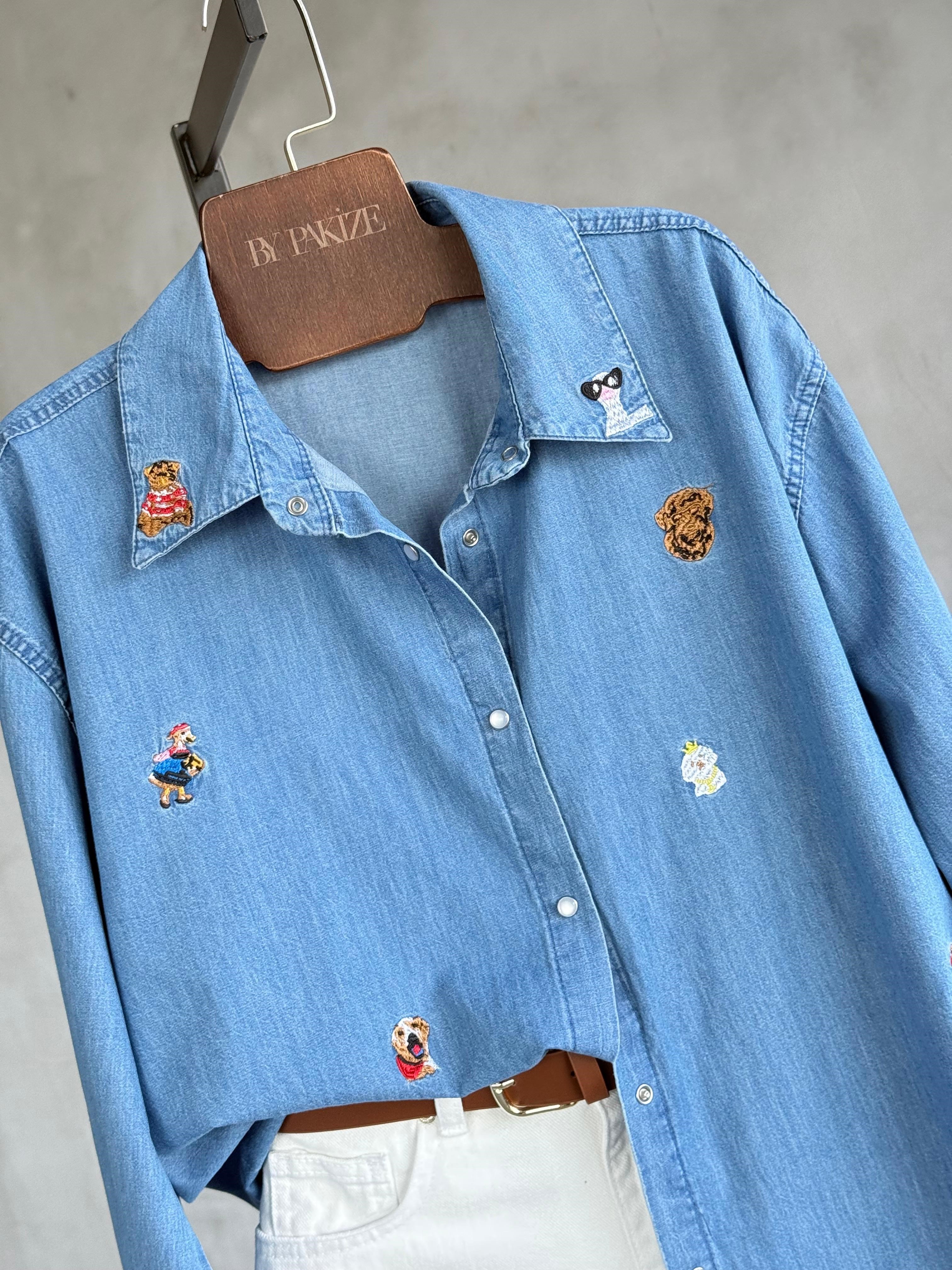 Premium Figür Nakışlı Denim Marka Model Gömlek (Mavi)