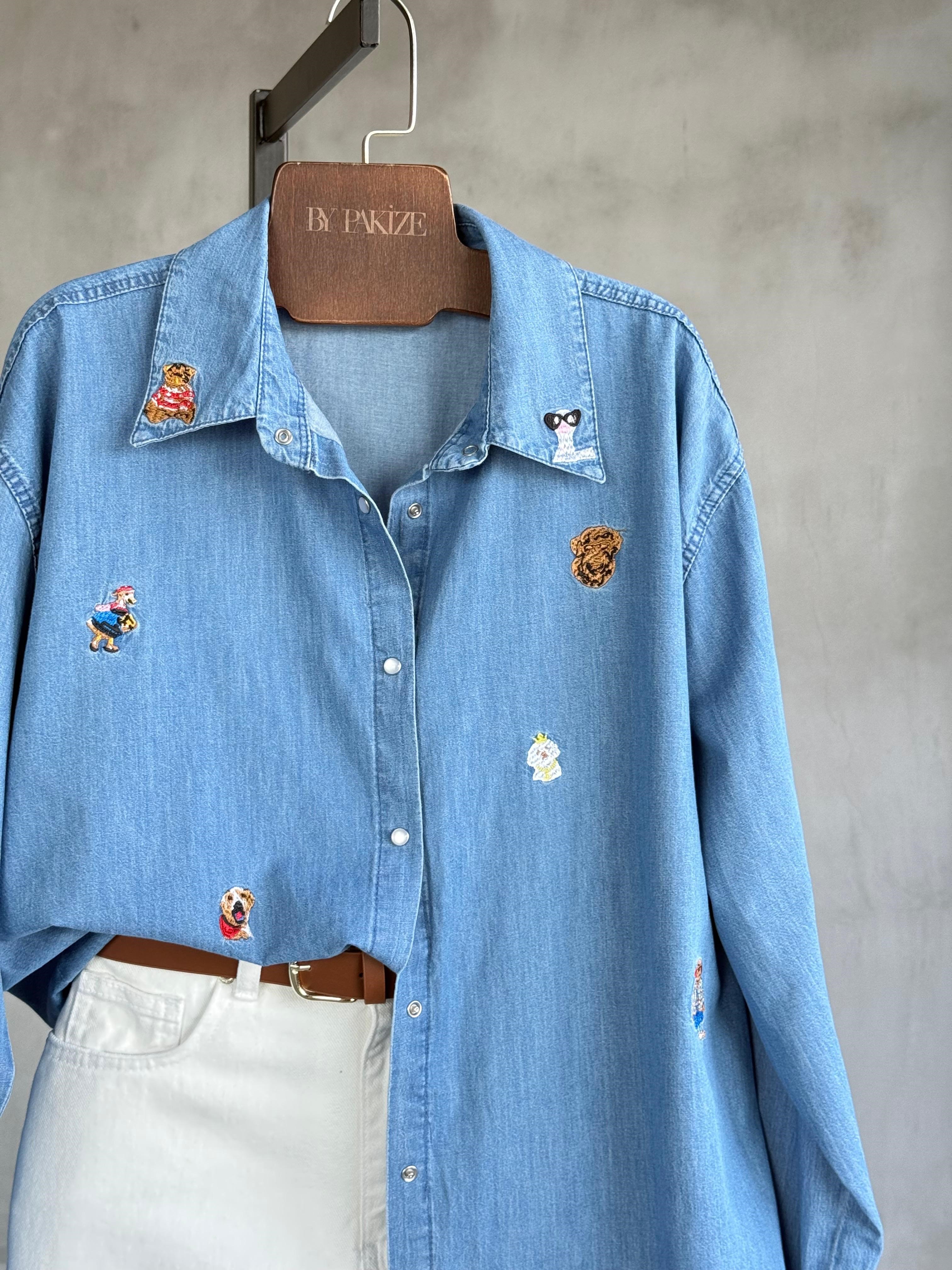 Premium Figür Nakışlı Denim Marka Model Gömlek (Mavi)