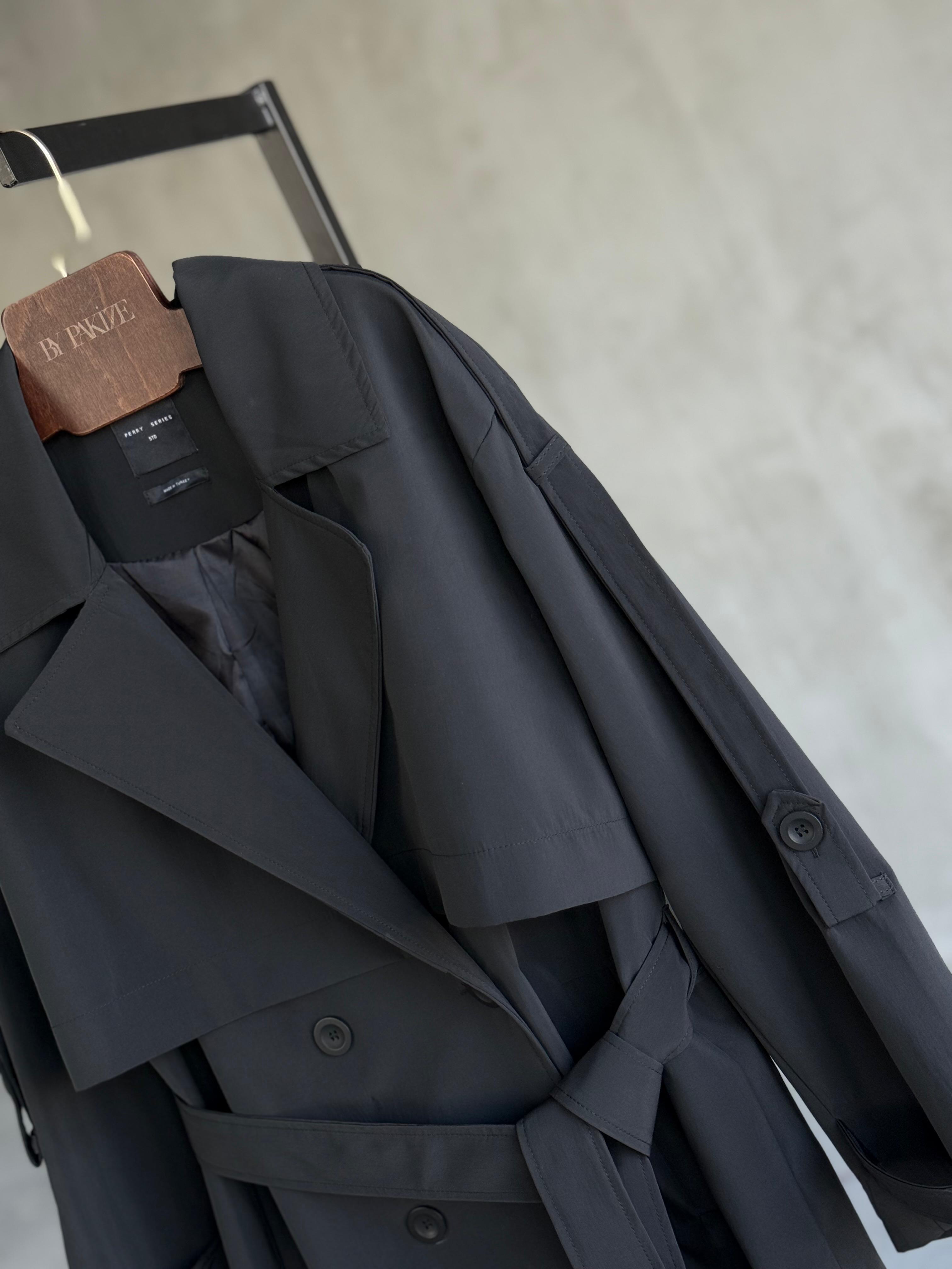 Premium Kalite Apoletli Trençkot (Siyah)