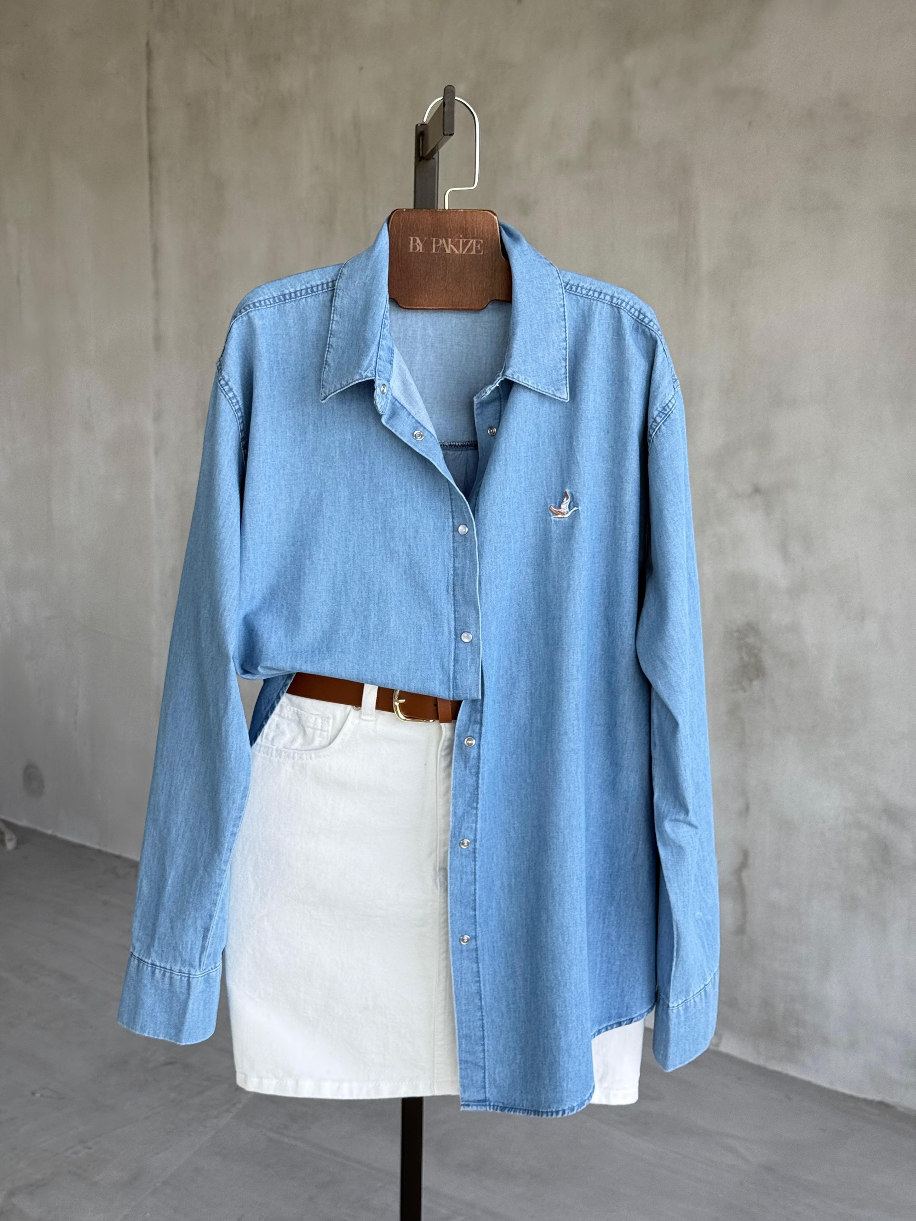 Premium Kuş Nakışlı Denim Marka Model Gömlek (Mavi)