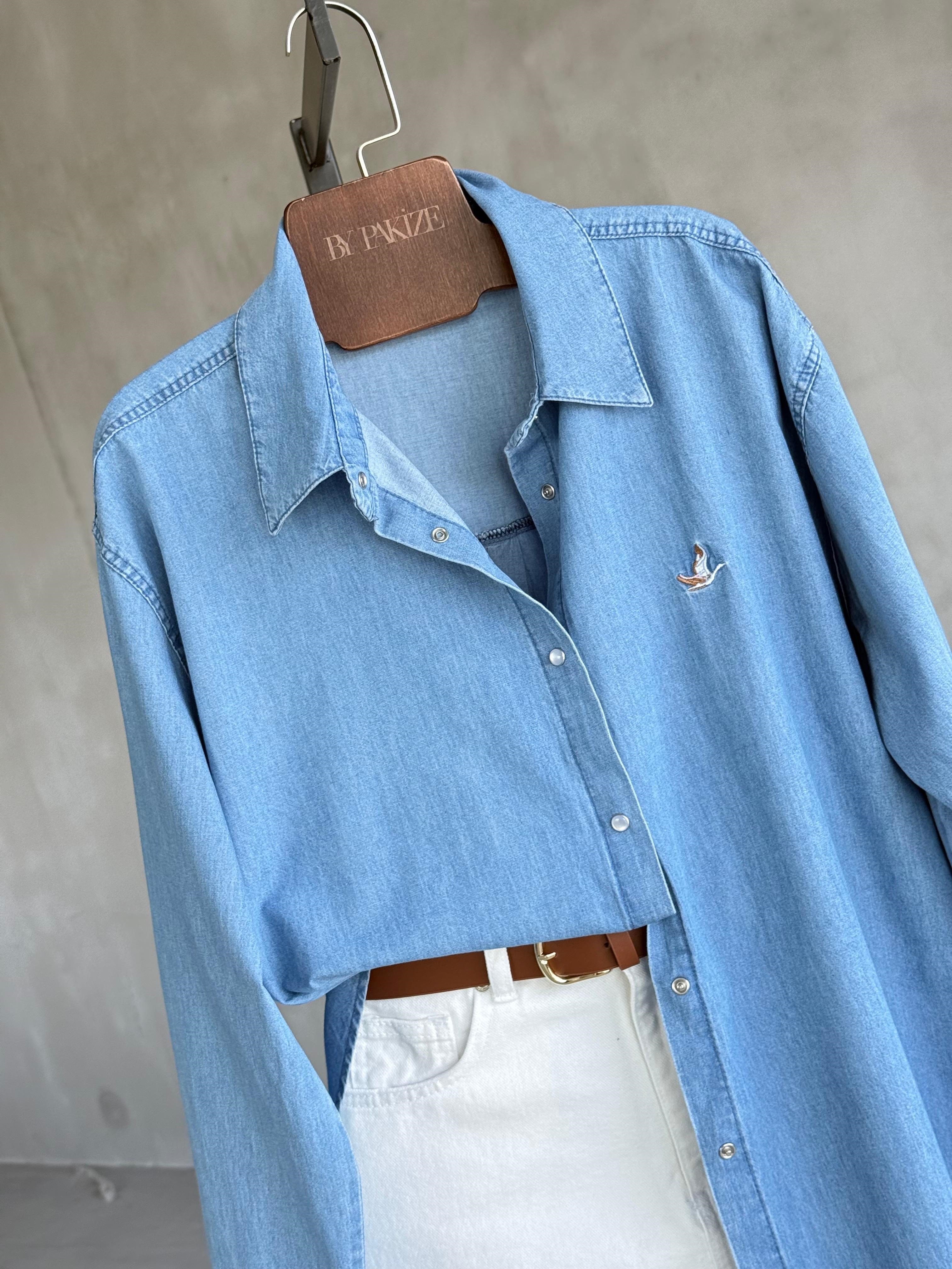 Premium Kuş Nakışlı Denim Marka Model Gömlek (Mavi)