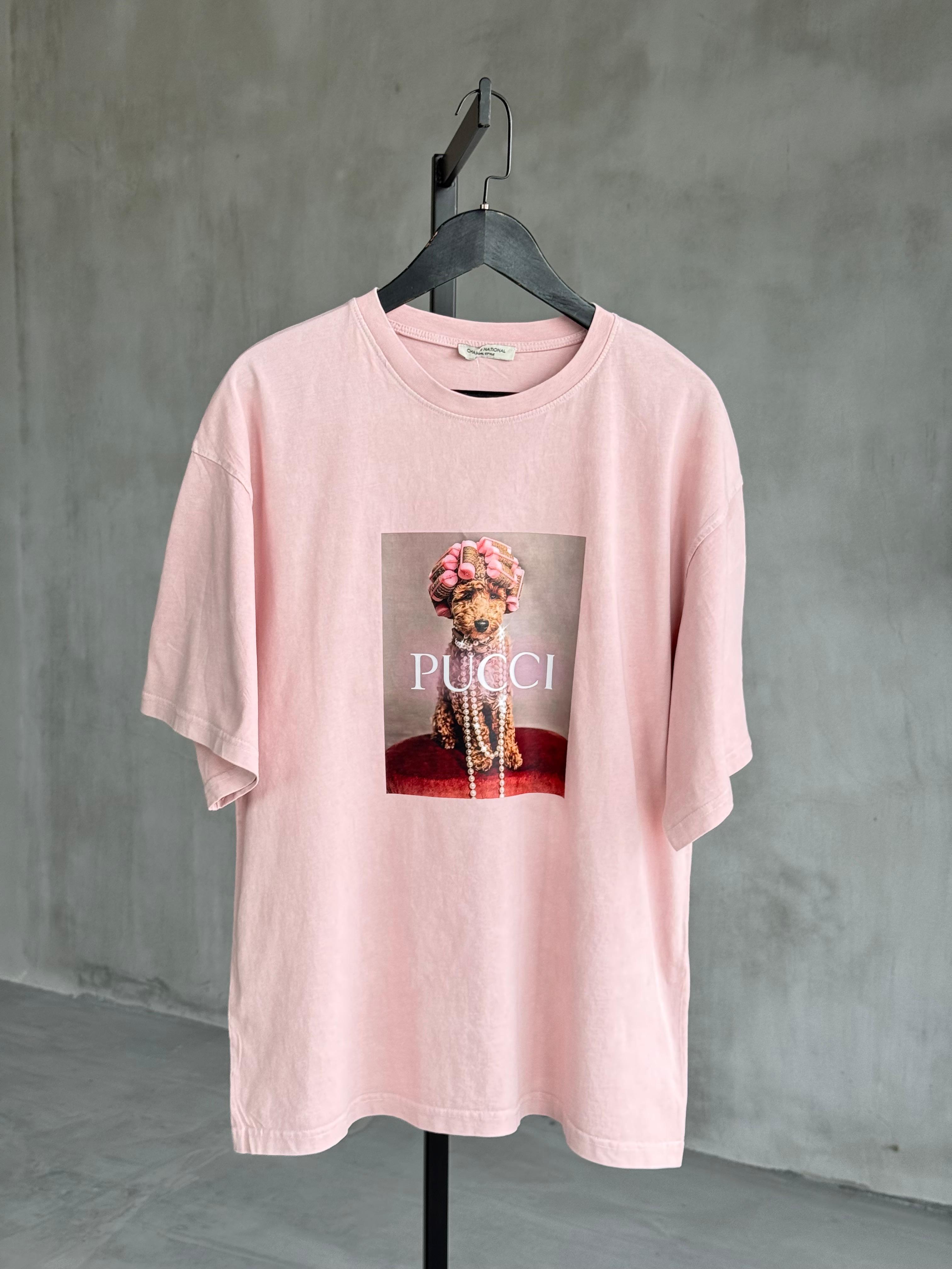 Pucci Poodle Baskılı Taş Yıkamalı Oversize Dokuma Tişört (Pudra)