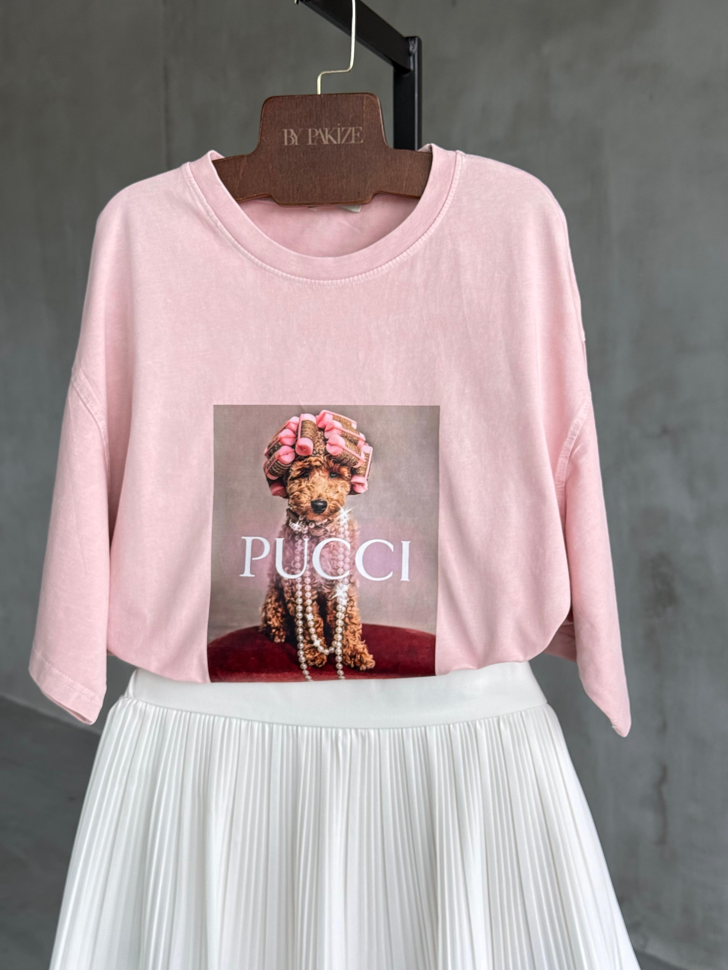 Pucci Poodle Baskılı Taş Yıkamalı Oversize Dokuma Tişört (Pudra)