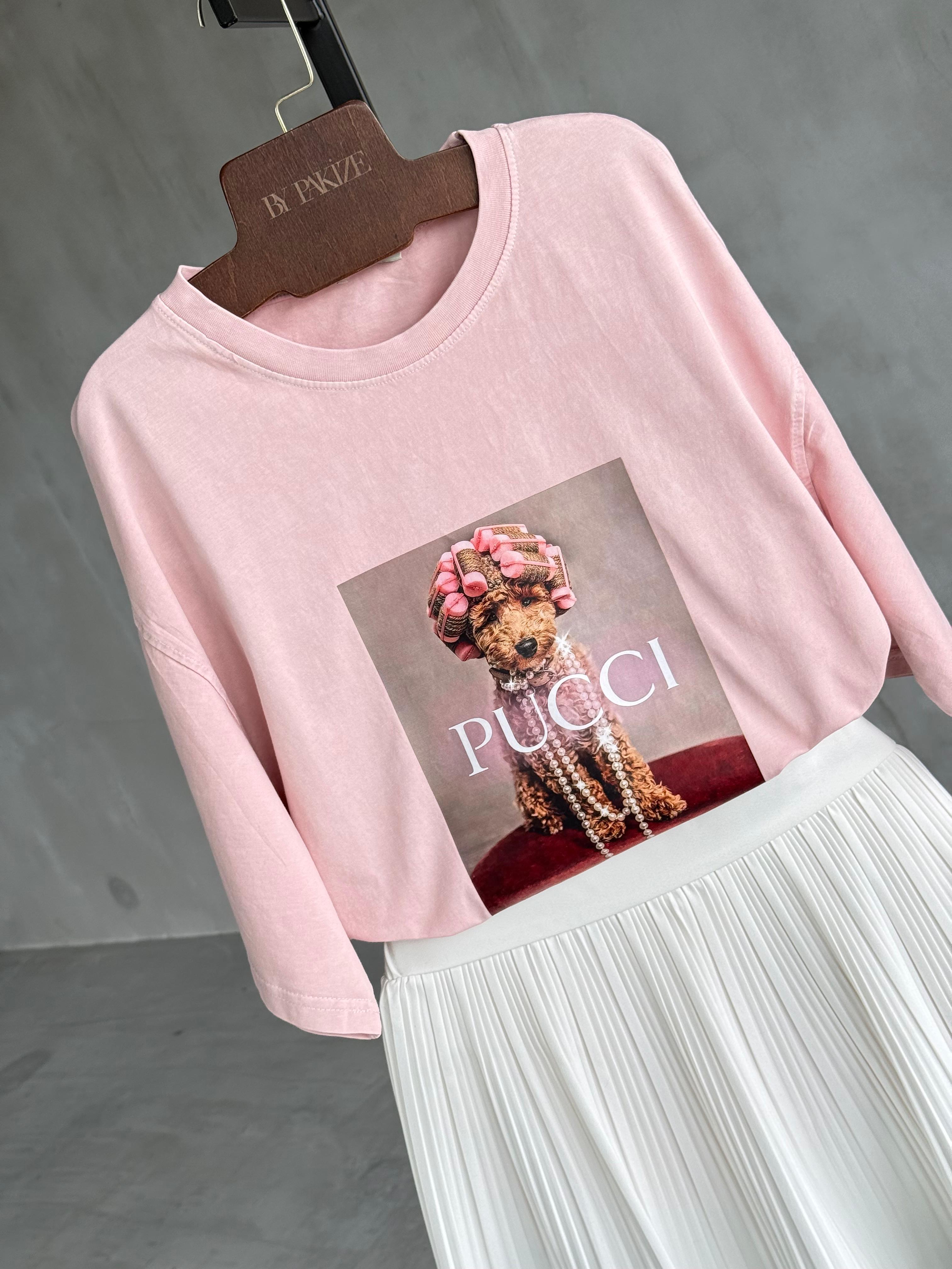 Pucci Poodle Baskılı Taş Yıkamalı Oversize Dokuma Tişört (Pudra)