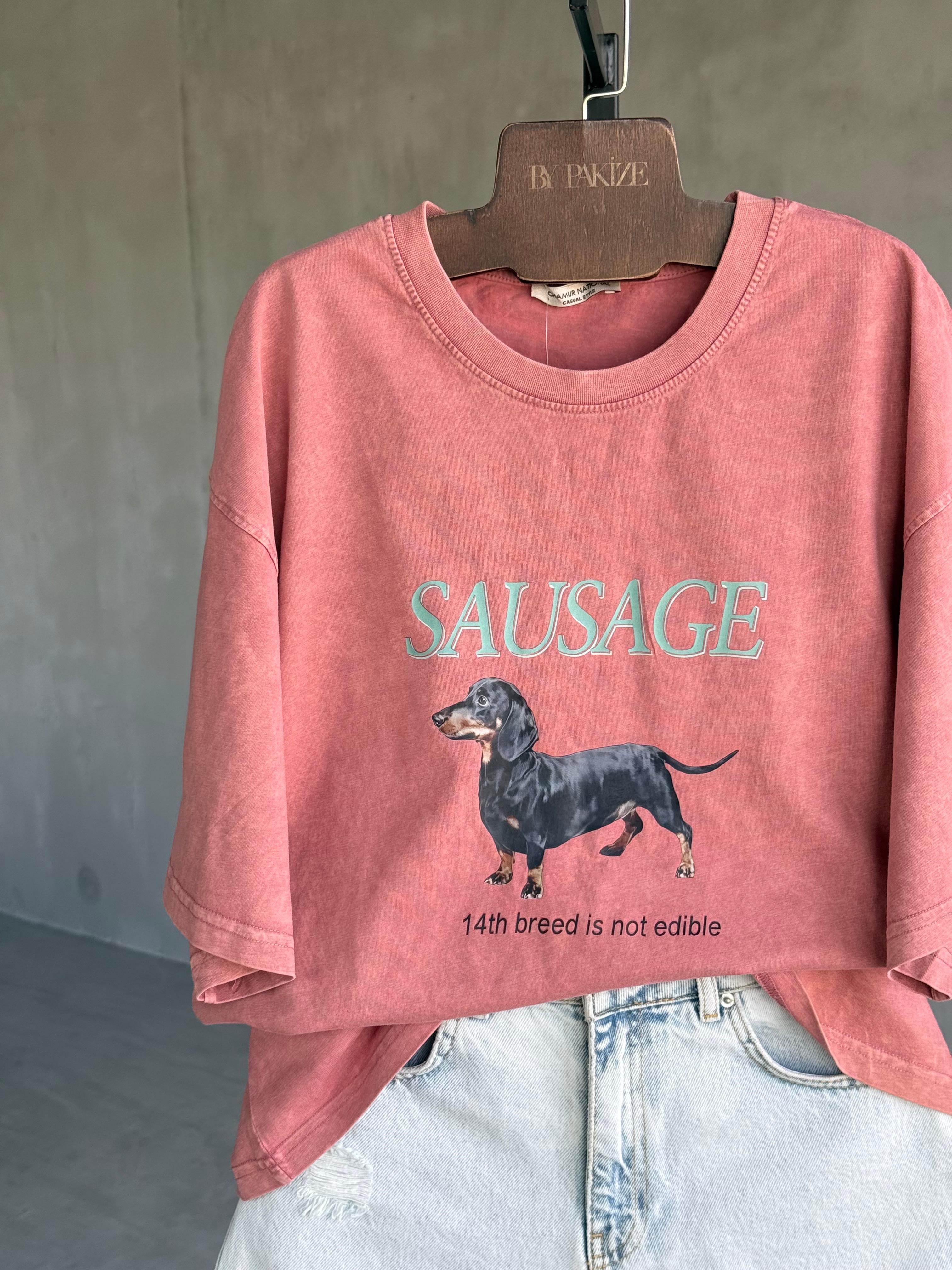 Sausage Köpek Baskılı Taş Yıkamalı Oversize Dokuma Tişört (Kiremit)