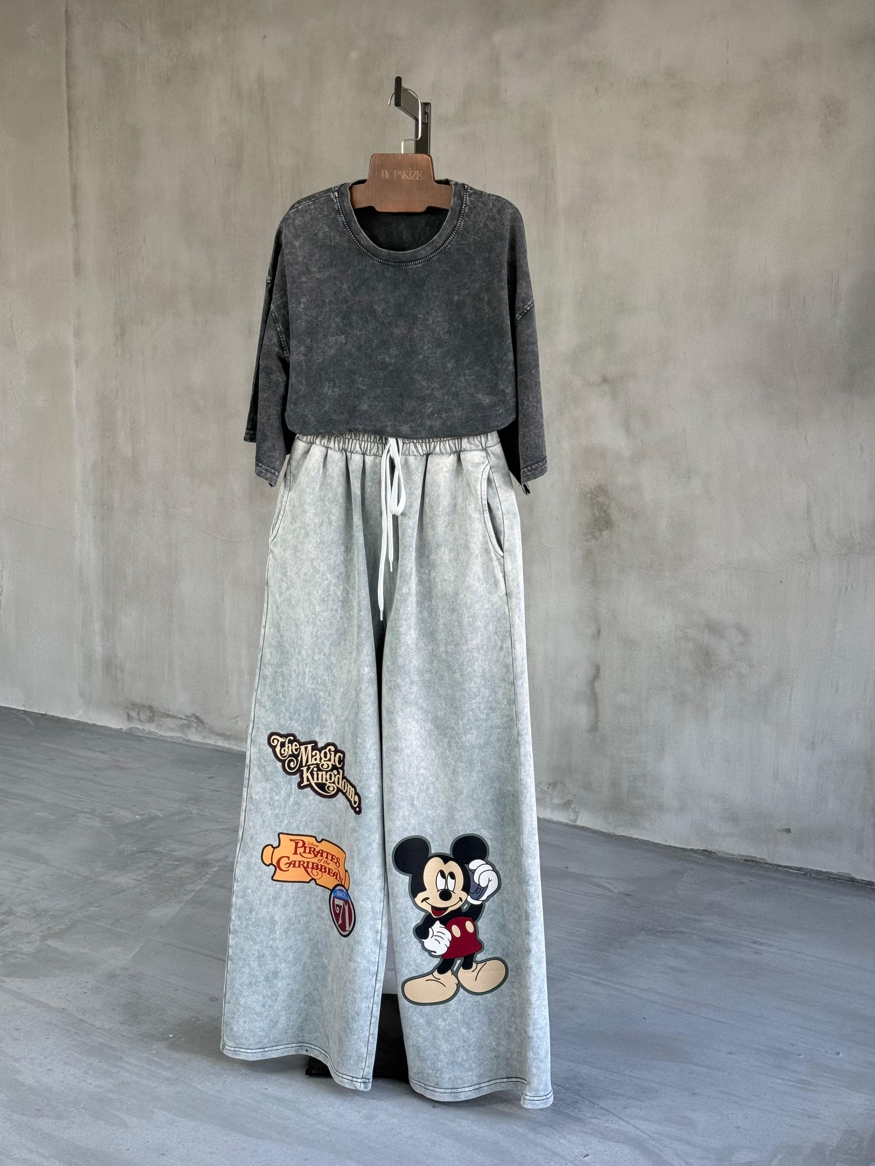 Taş Yıkamalı Mickey Mouse Baskılı Bol Pantolon (Gri)