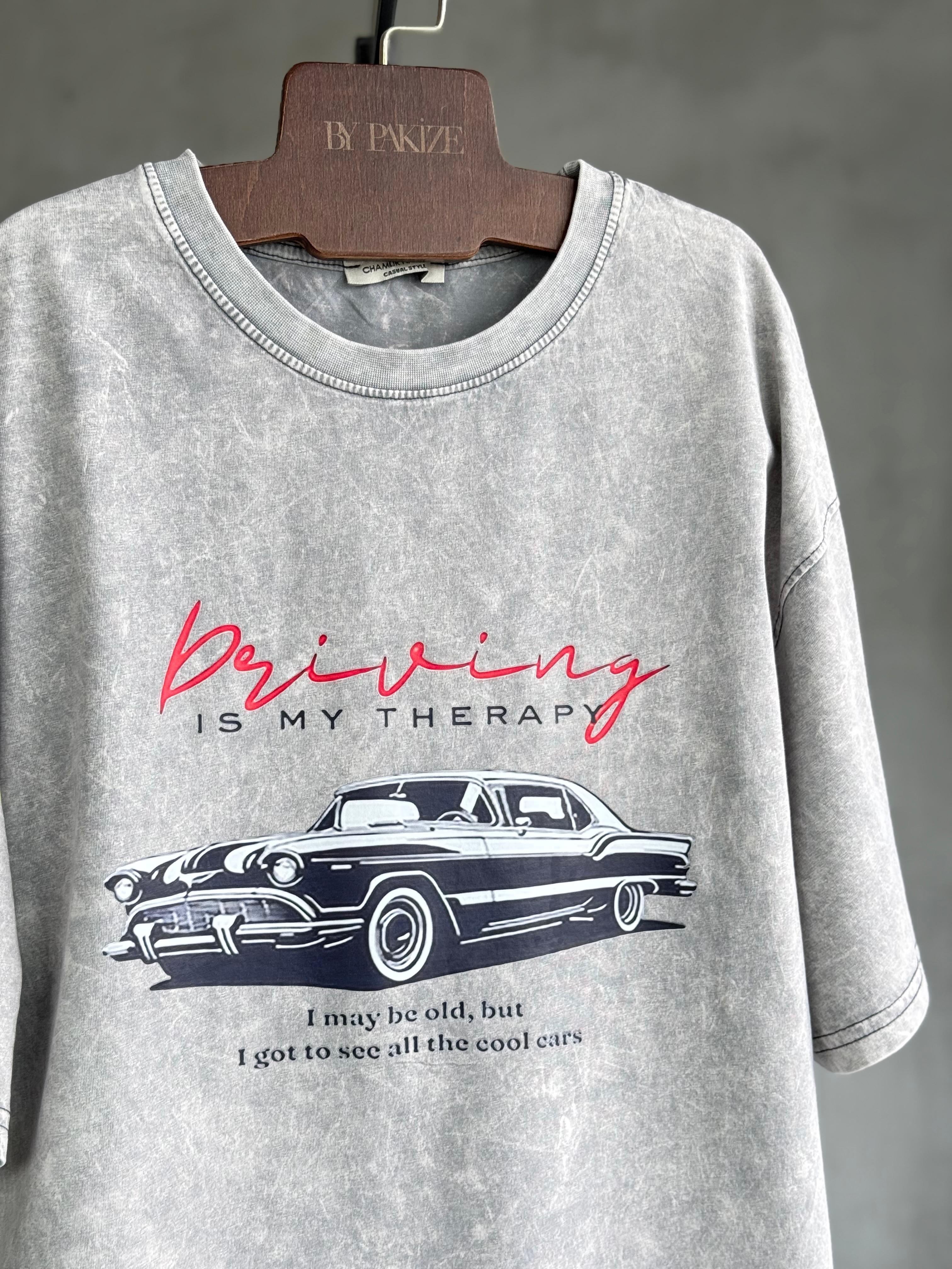Taş Yıkamalı Mustang Baskılı Oversize Dokuma Tişört (Gri)