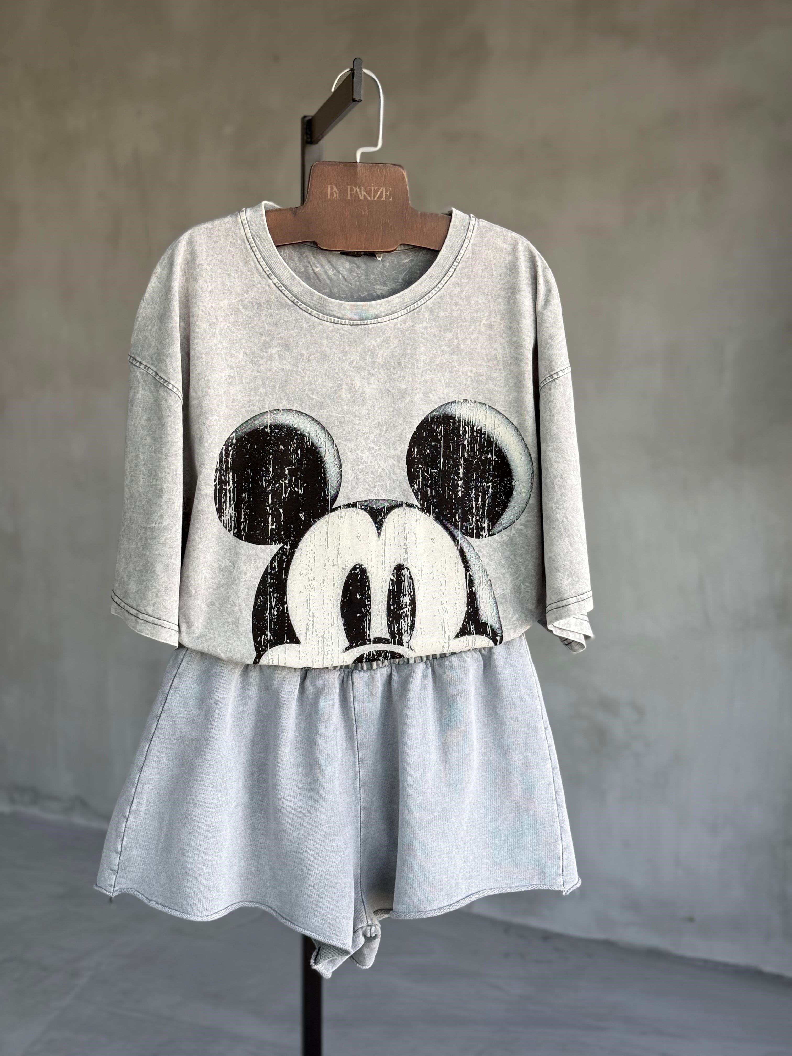 Taş Yıkamalı Oversize Dokuma Mickey Tişört (Gri)