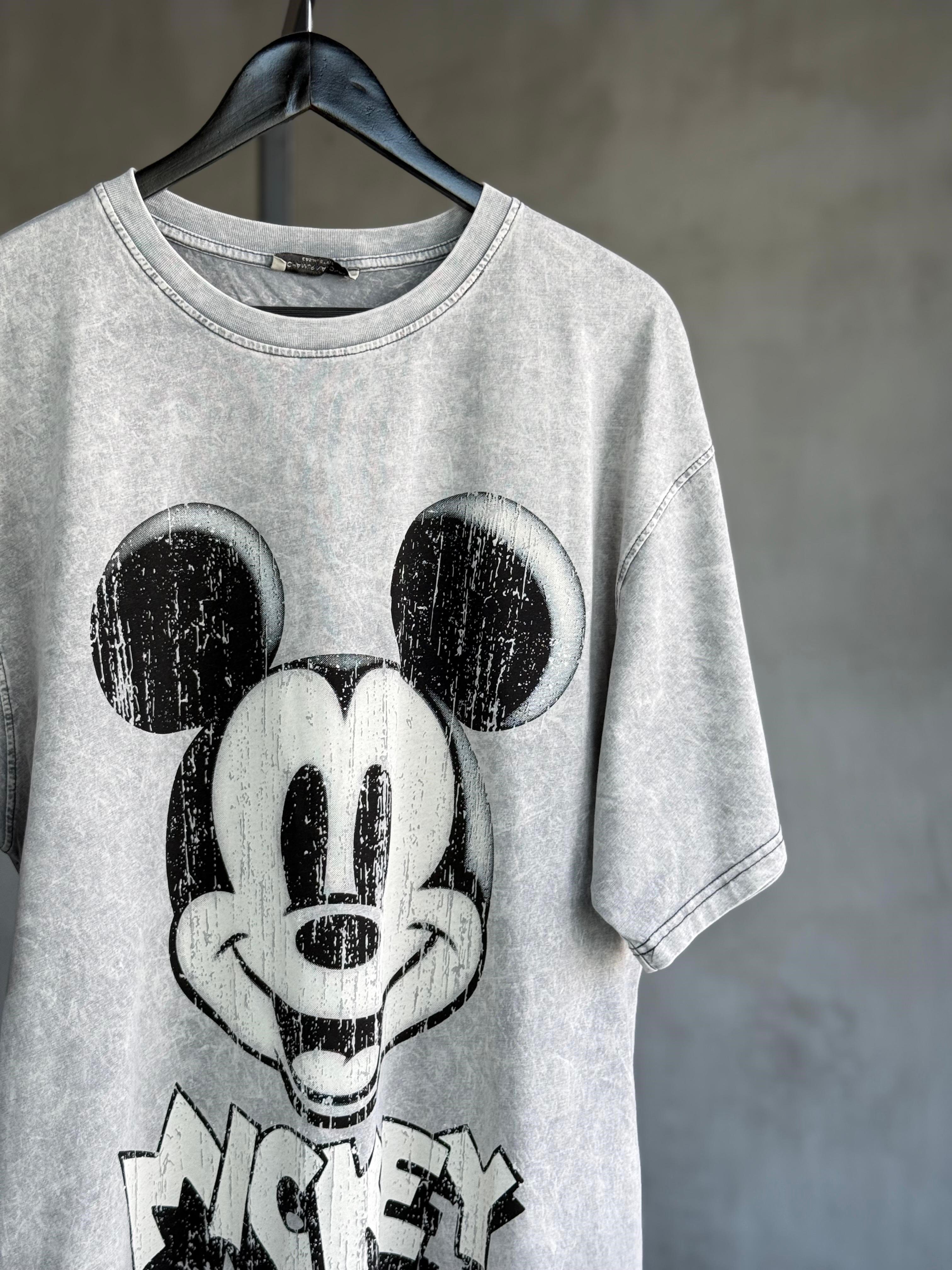 Taş Yıkamalı Oversize Dokuma Mickey Tişört (Gri)