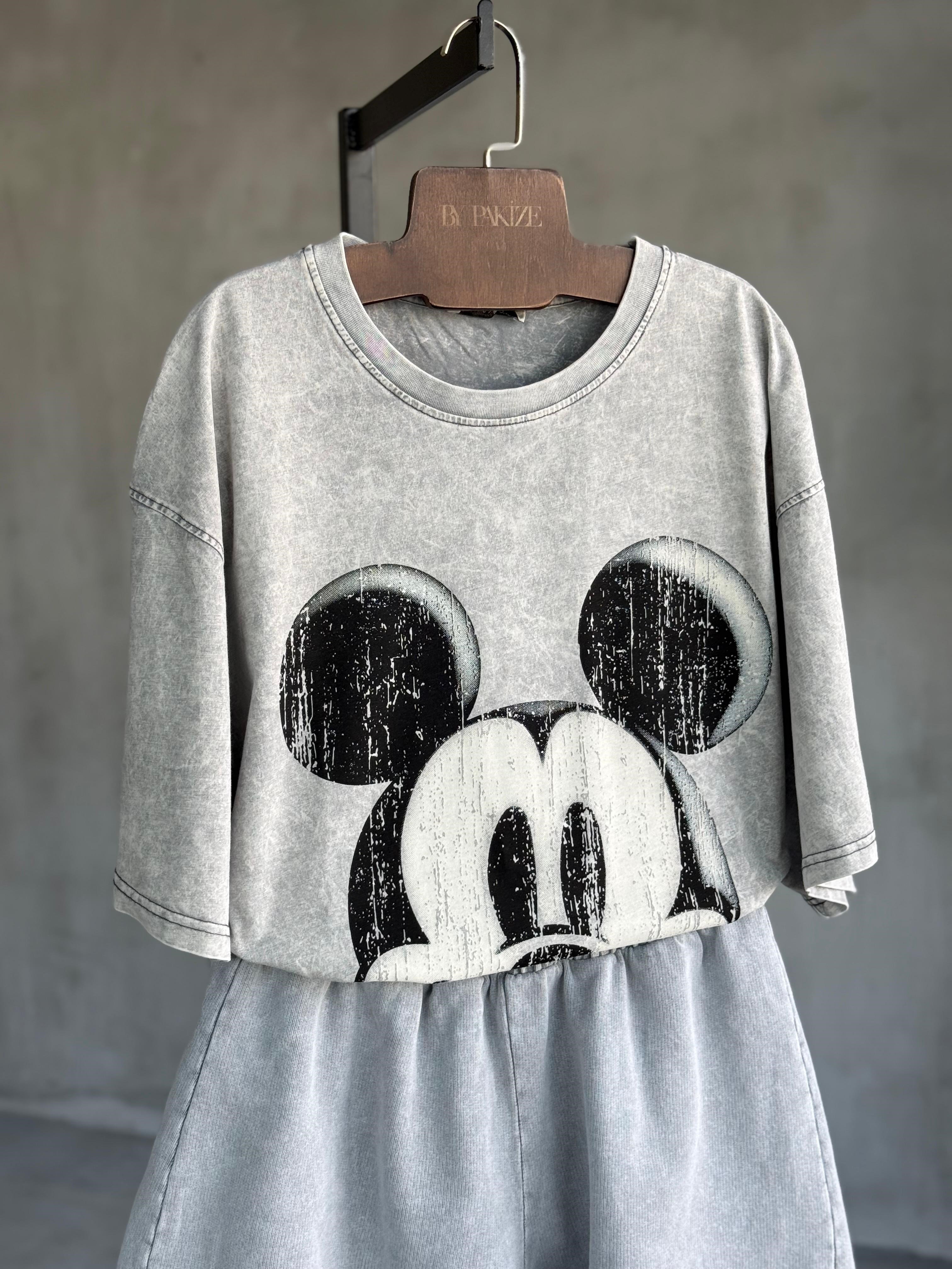 Taş Yıkamalı Oversize Dokuma Mickey Tişört (Gri)