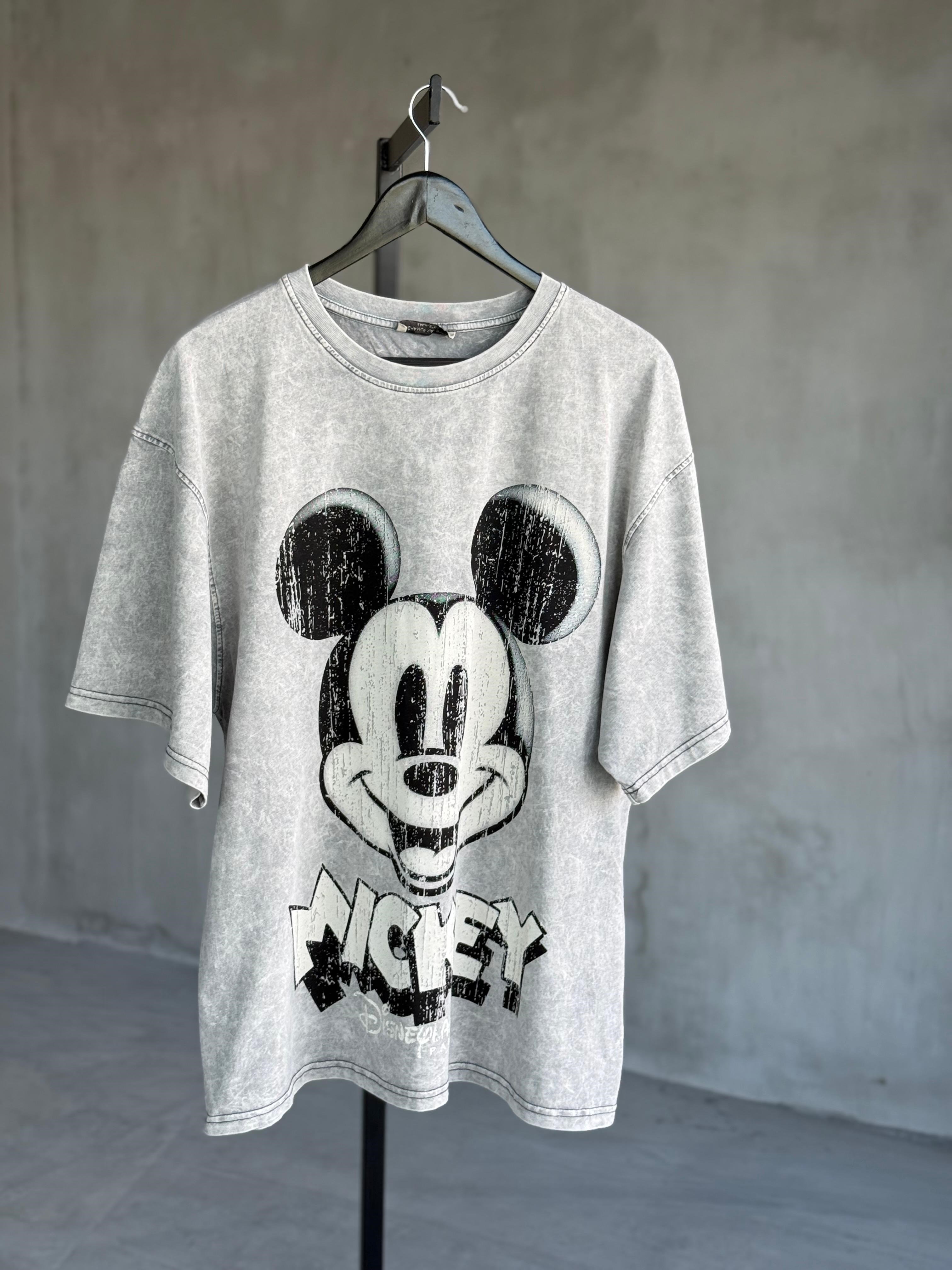 Taş Yıkamalı Oversize Dokuma Mickey Tişört (Gri)