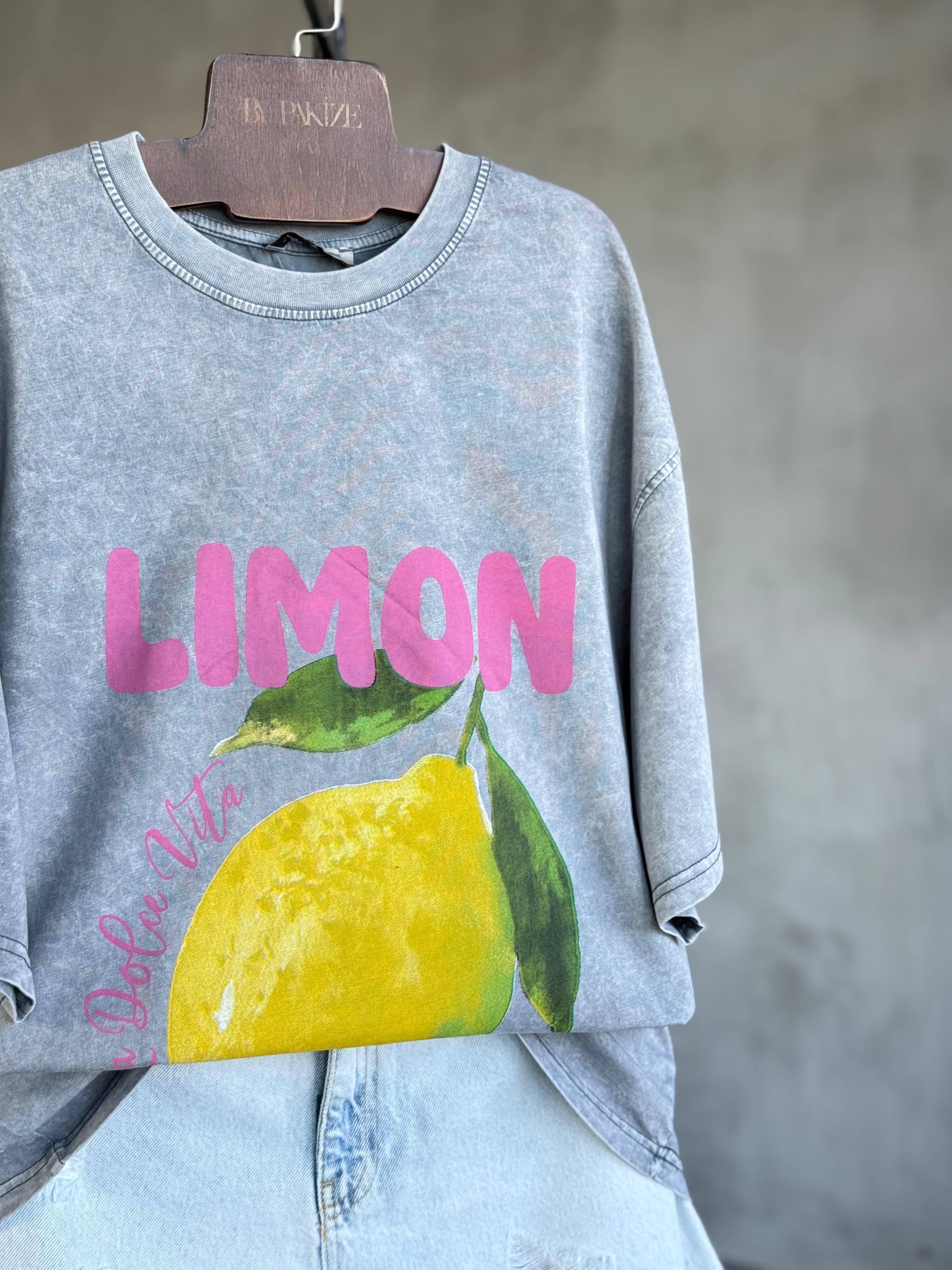Taş Yıkamalı Oversize Limon Baskılı Dokuma Tişört (Gri)