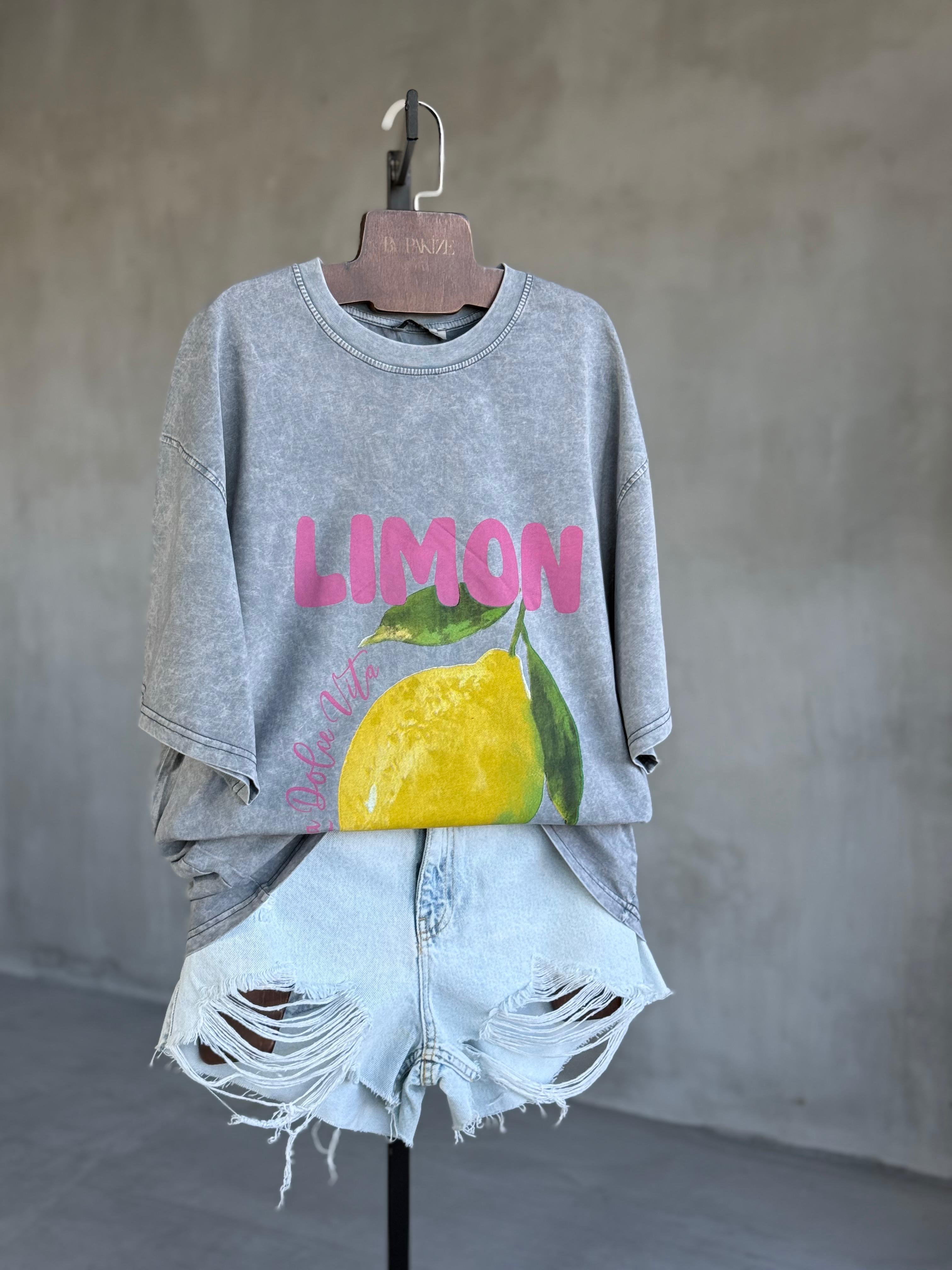 Taş Yıkamalı Oversize Limon Baskılı Dokuma Tişört (Gri)