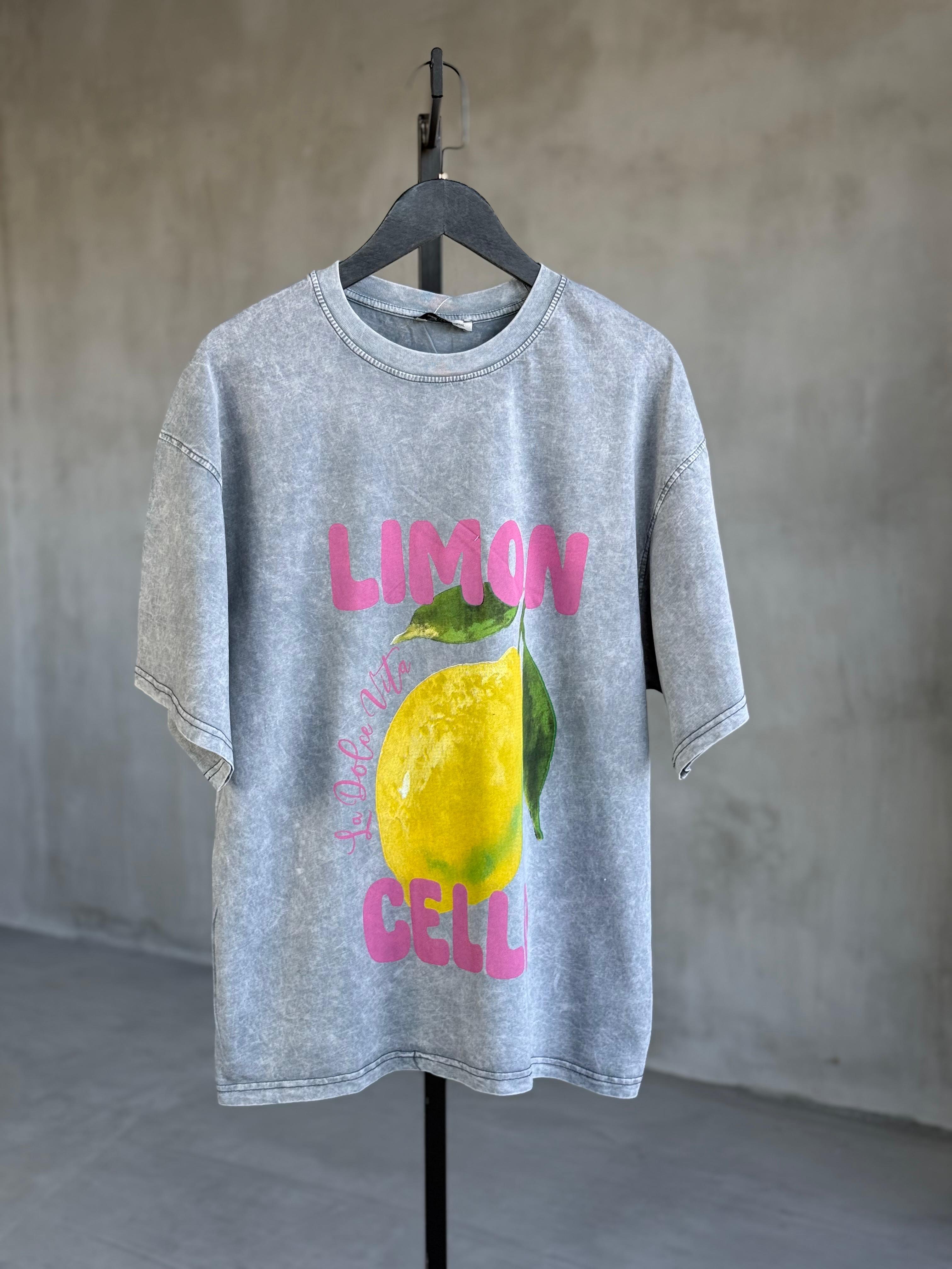 Taş Yıkamalı Oversize Limon Baskılı Dokuma Tişört (Gri)