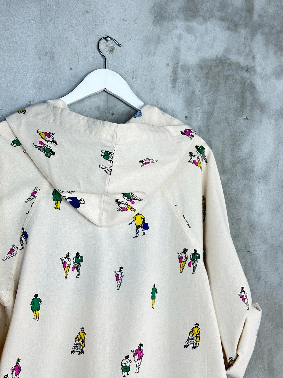 Tasarım Minik Adam Baskılı Fermuarlı Keten Ceket (Taş)