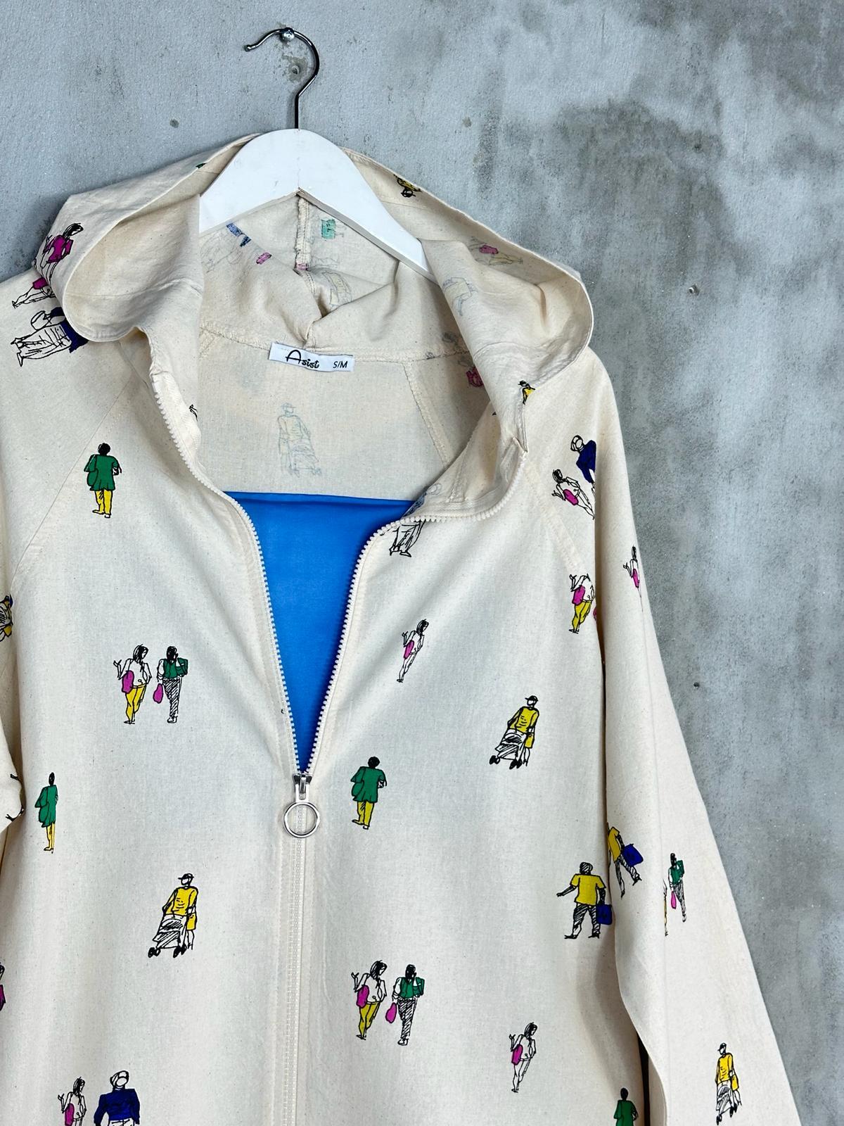 Tasarım Minik Adam Baskılı Fermuarlı Keten Ceket (Taş)