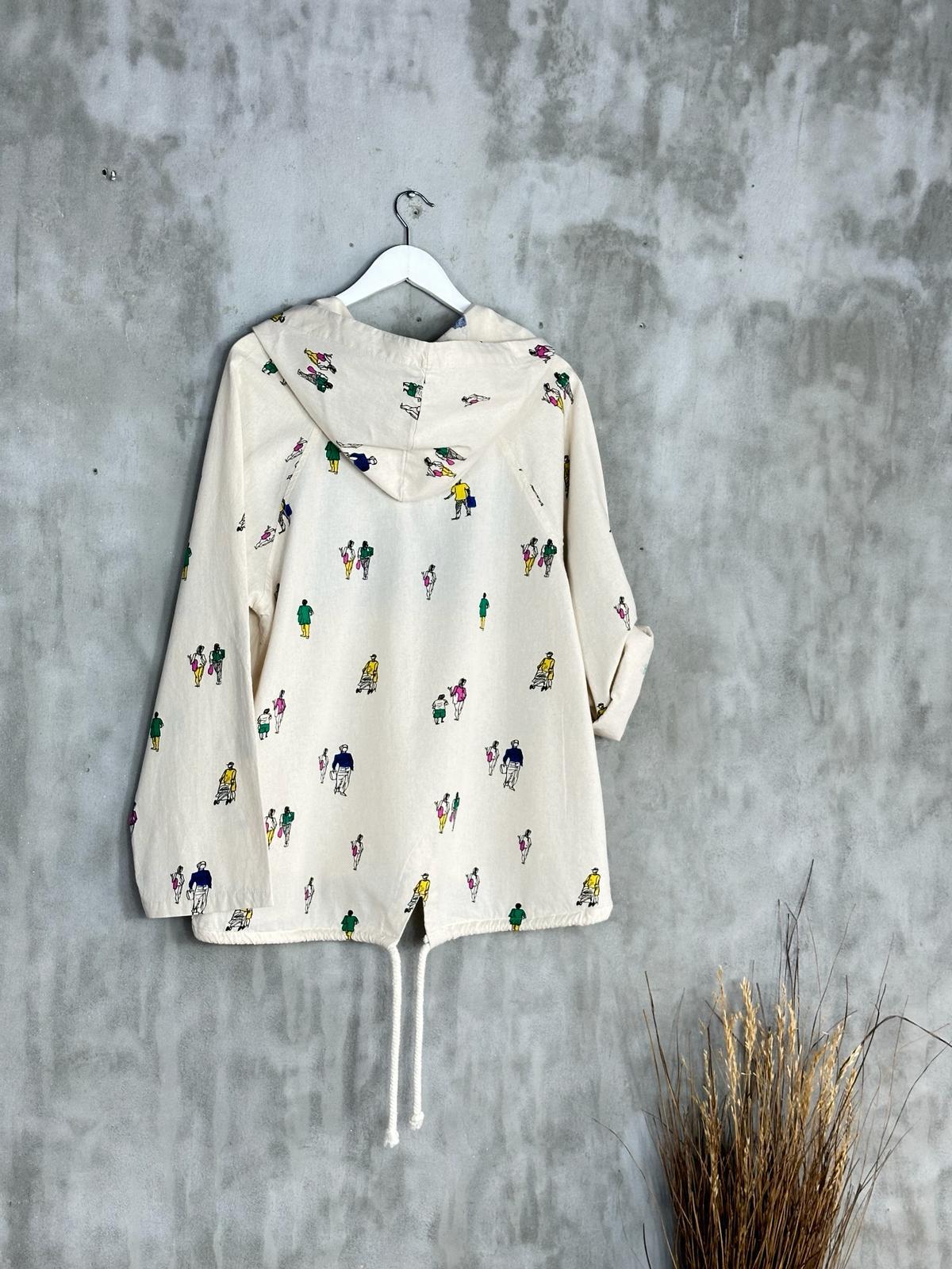 Tasarım Minik Adam Baskılı Fermuarlı Keten Ceket (Taş)