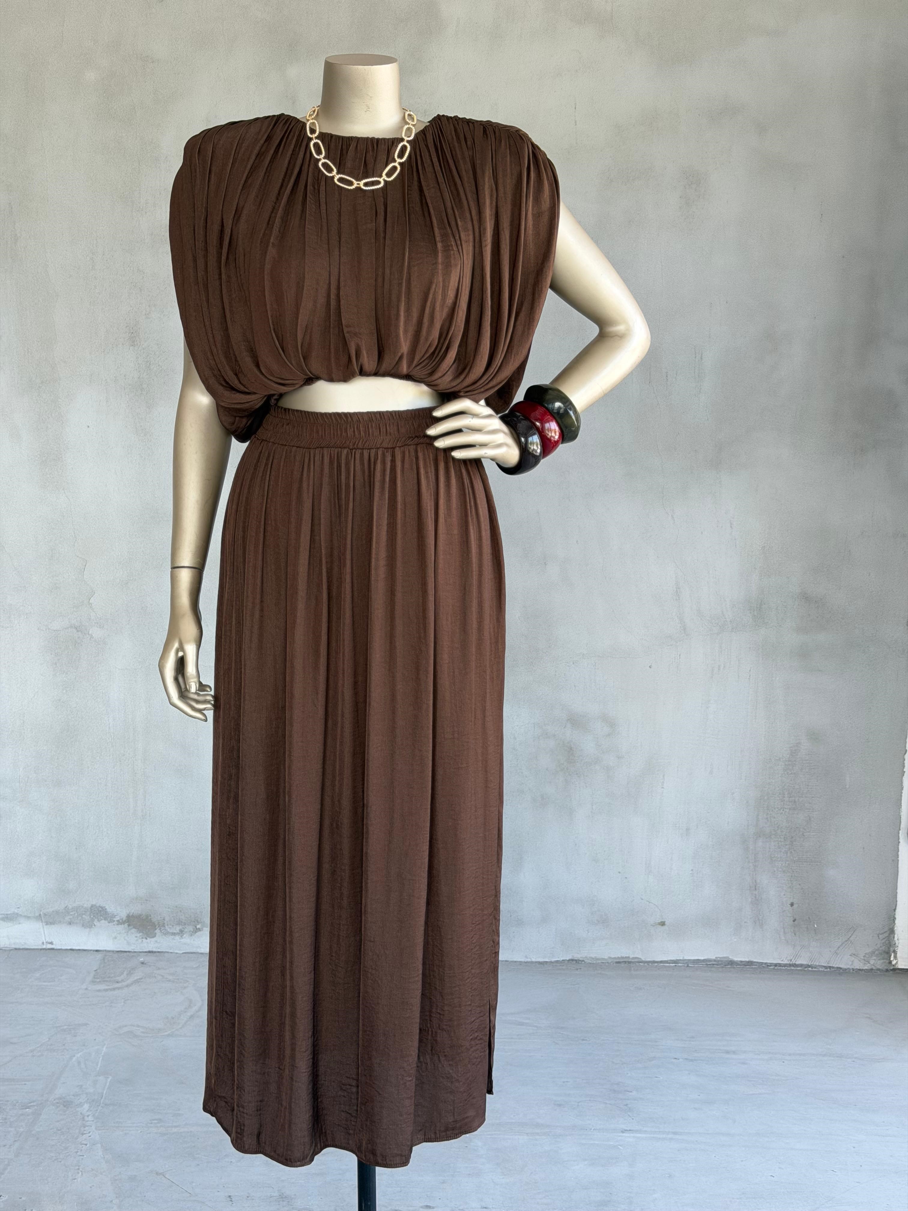 Tasarım Vatkalı Drape Bluz Yırtmaçlı Etek Takım (Kahve)