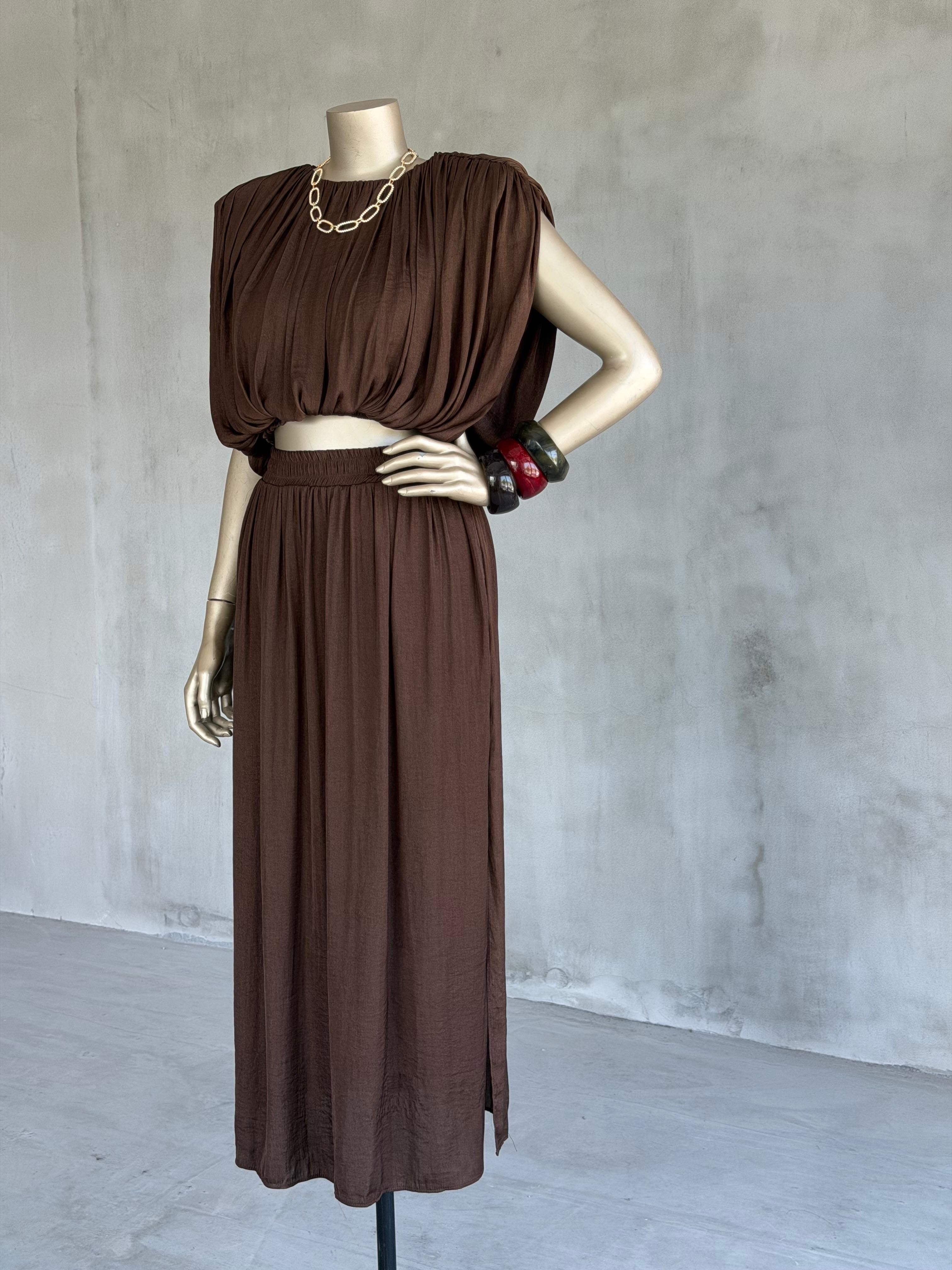 Tasarım Vatkalı Drape Bluz Yırtmaçlı Etek Takım (Kahve)