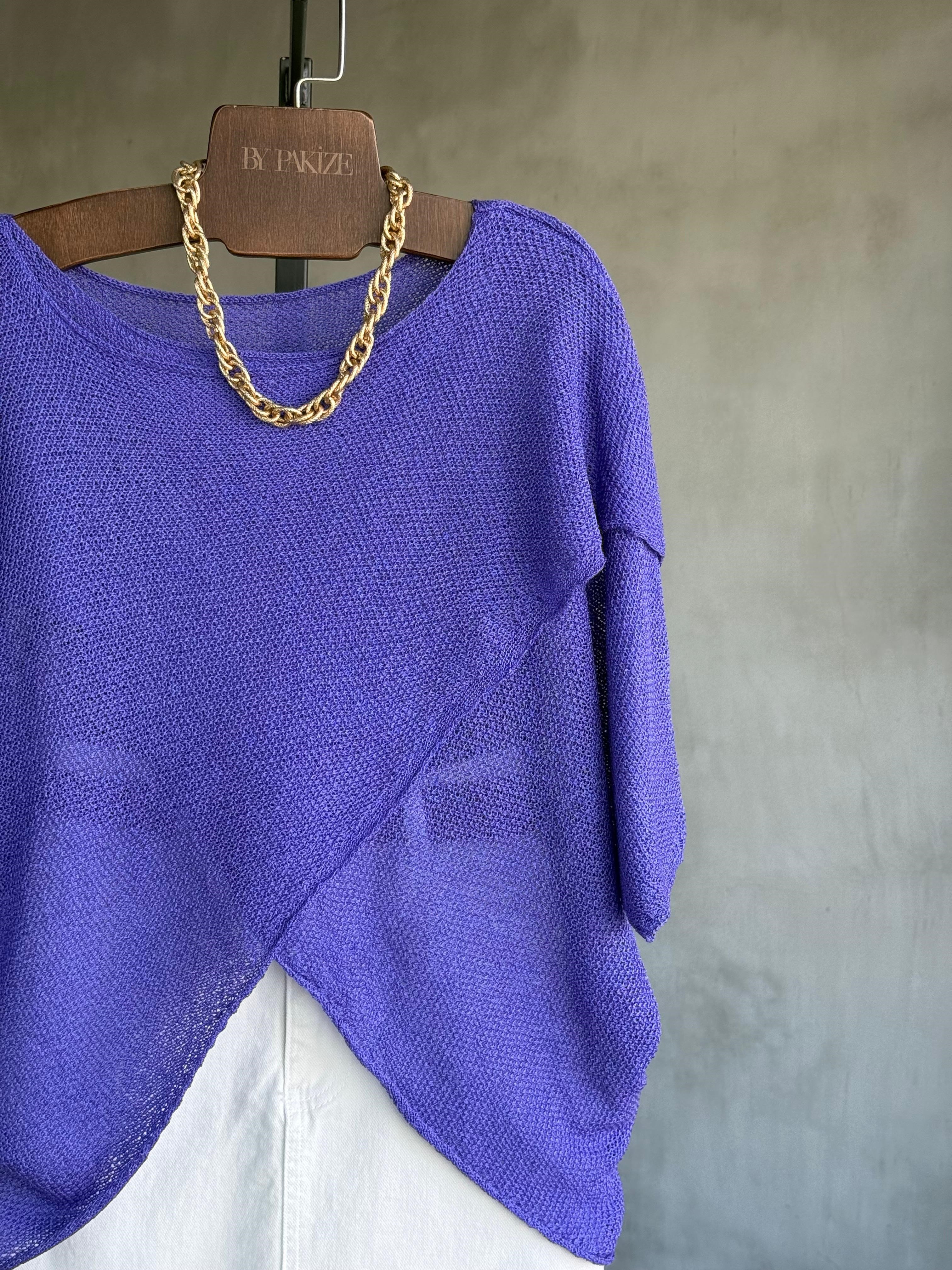 Verev Kesim Asimetrik Fakir Kol Merserize Bluz (Mor)