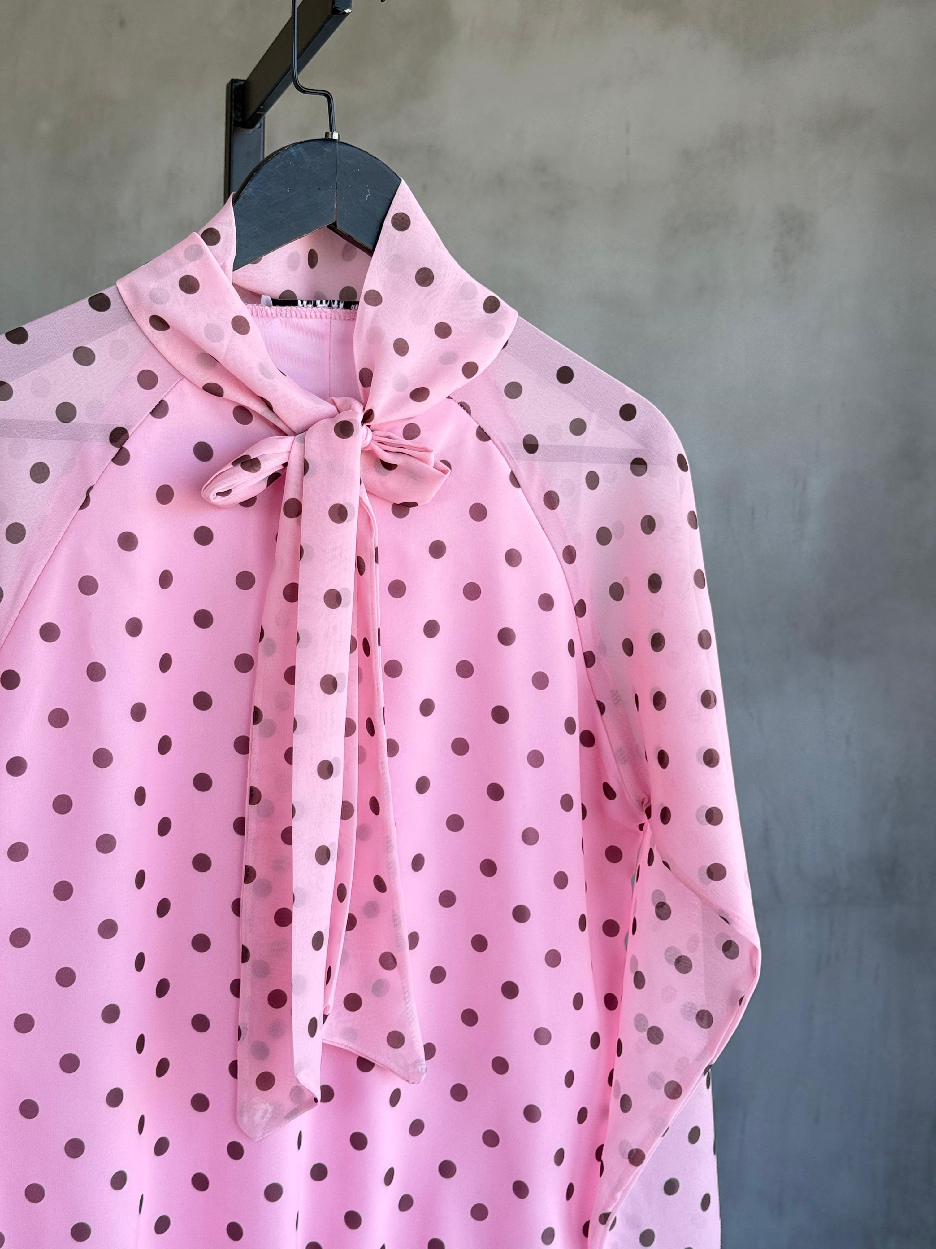 Vintage Boyun Bağlamalı Puantiyeli Gömlek (Pembe)