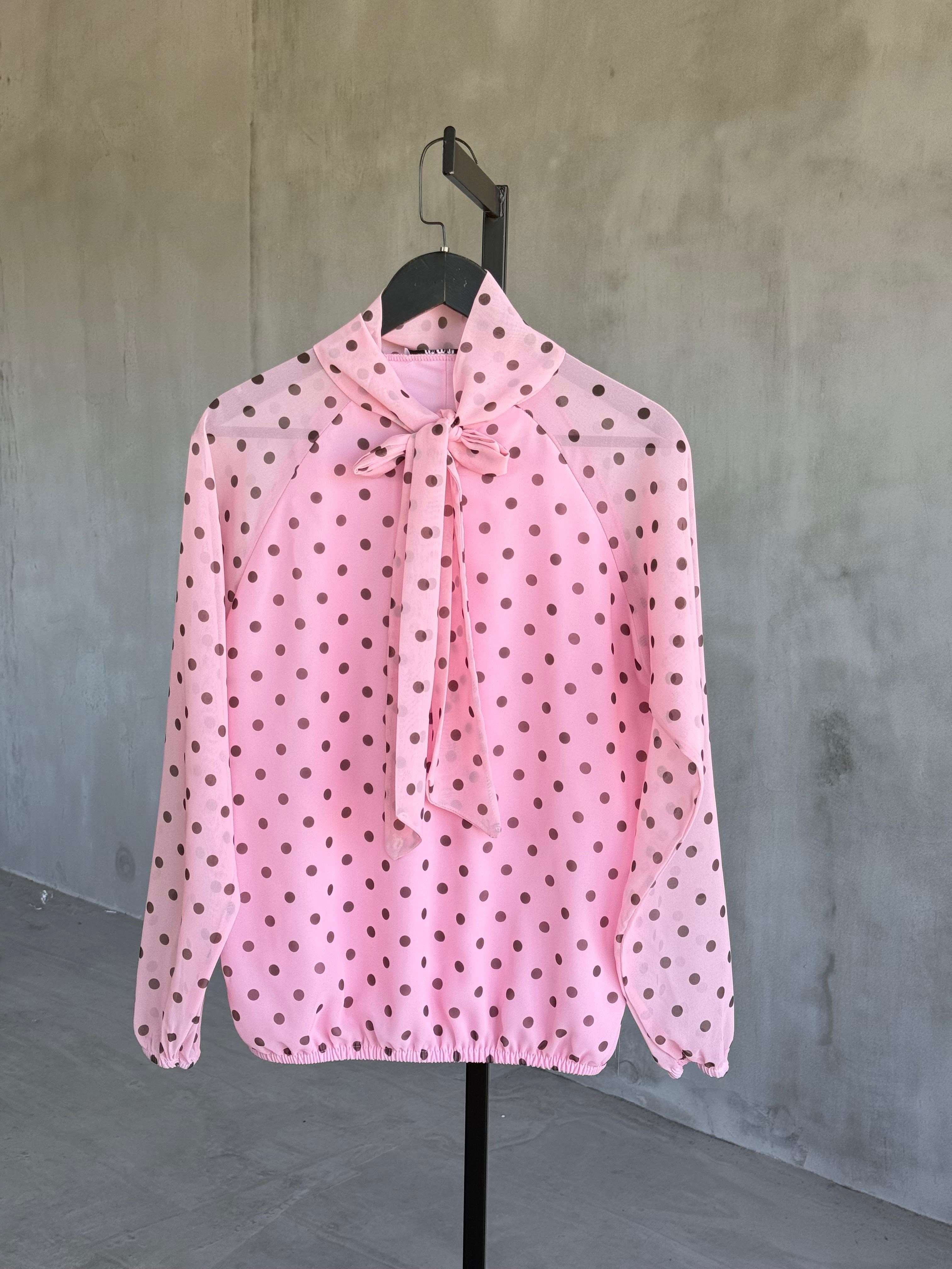 Vintage Boyun Bağlamalı Puantiyeli Gömlek (Pembe)