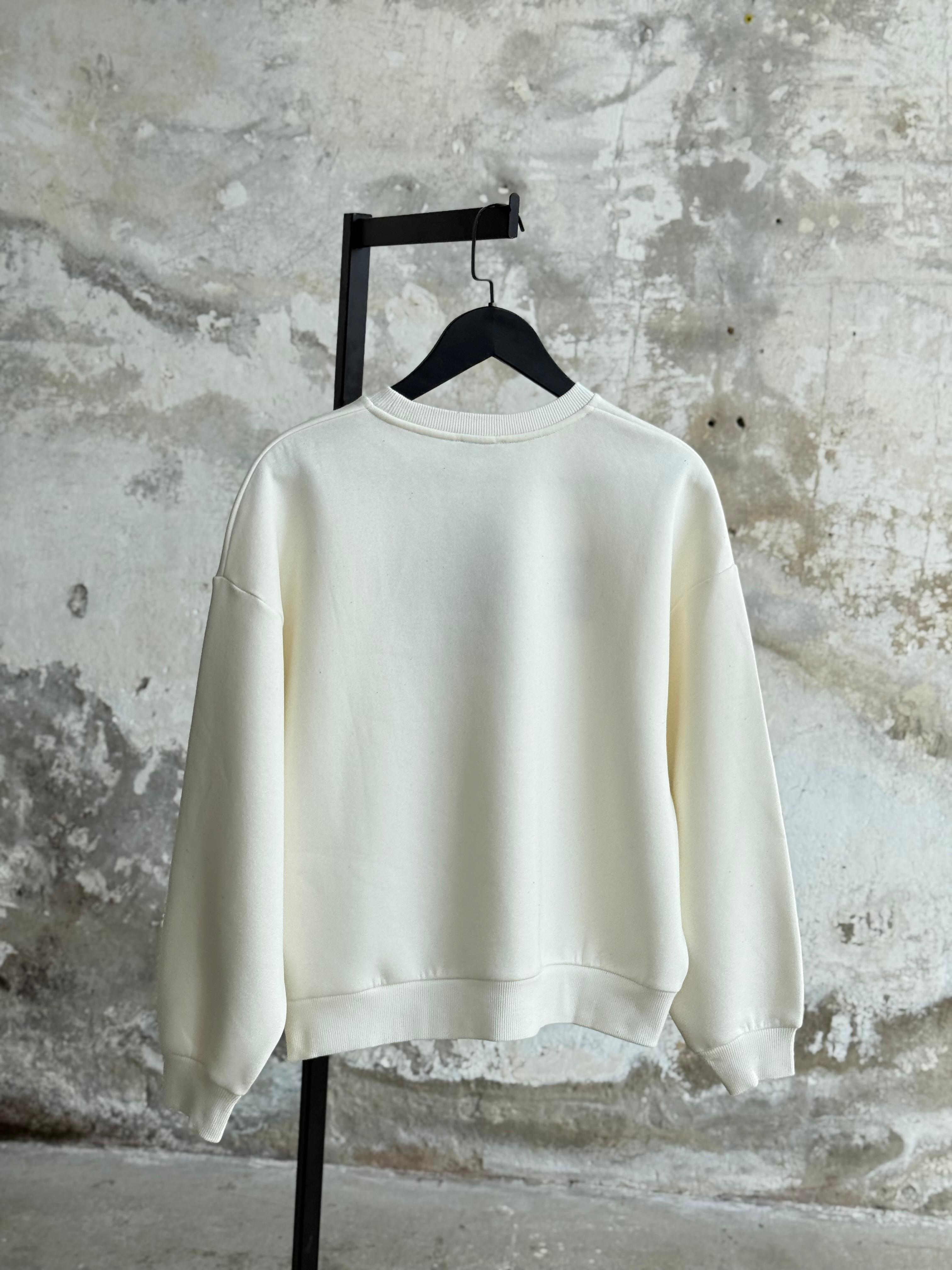 Yazı Baskılı Nakışlı Sweatshirt (Ekru)