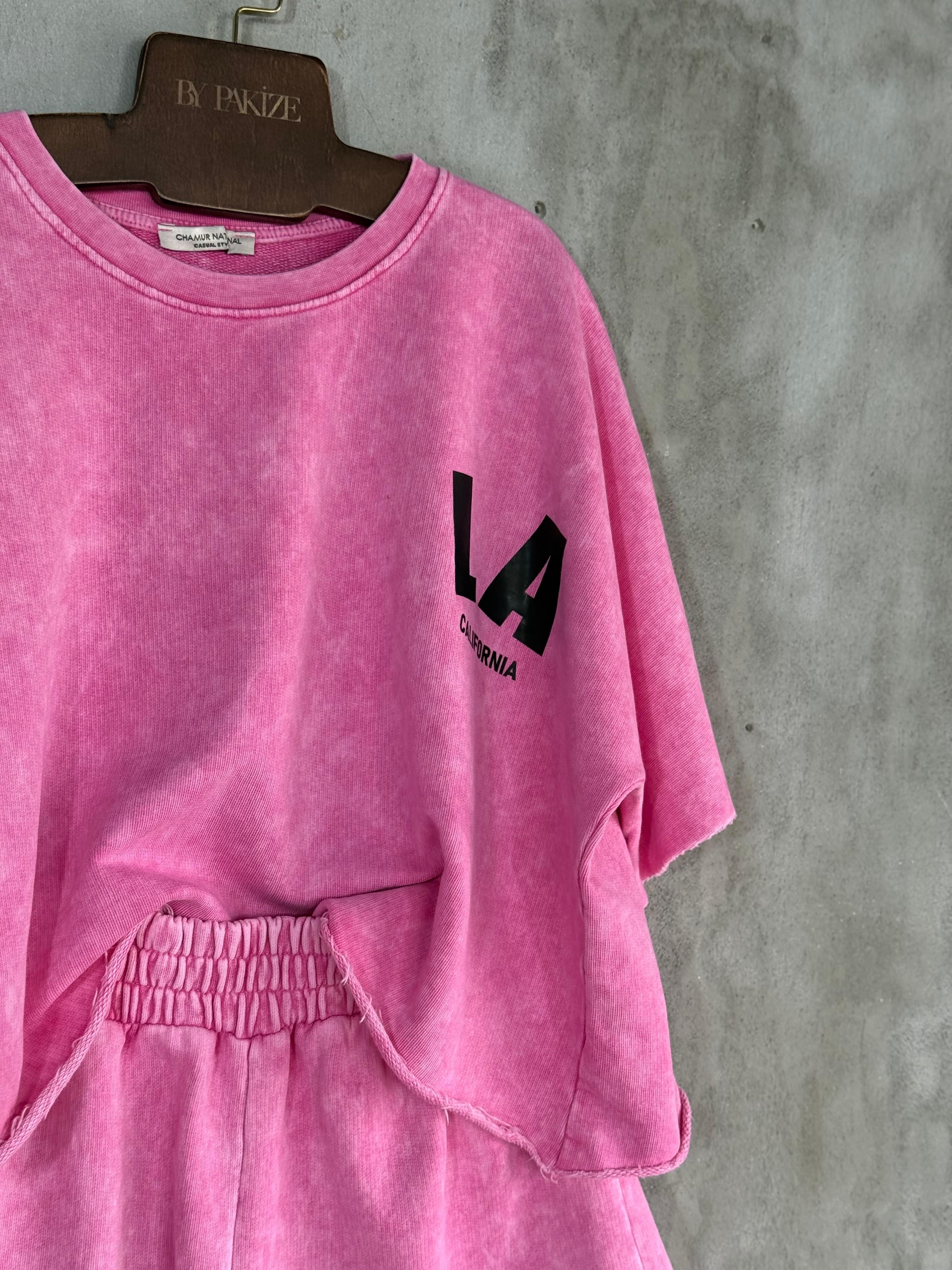 Yazı Baskılı Taş Yıkamalı Oversize Takım (Pembe)