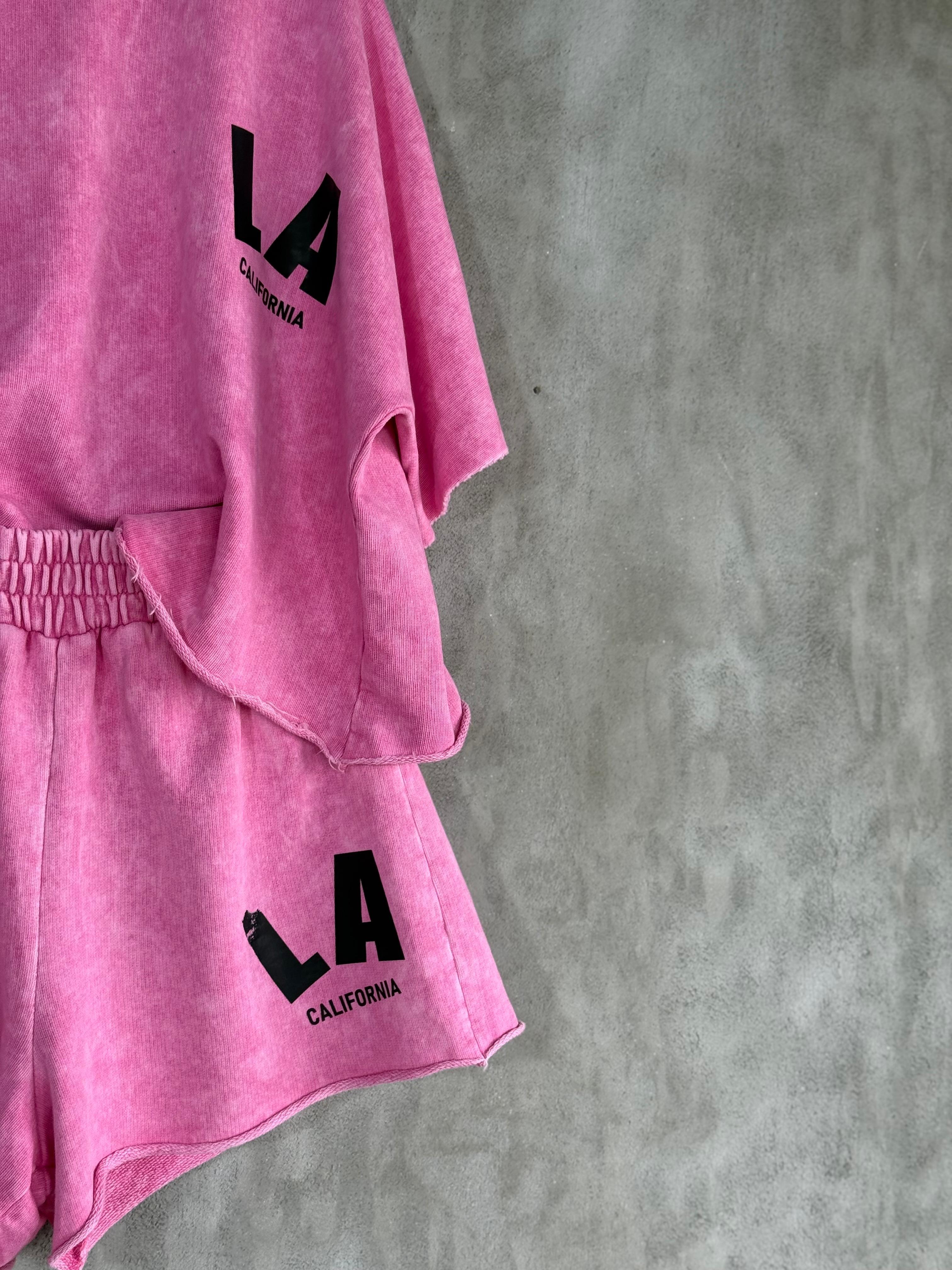 Yazı Baskılı Taş Yıkamalı Oversize Takım (Pembe)