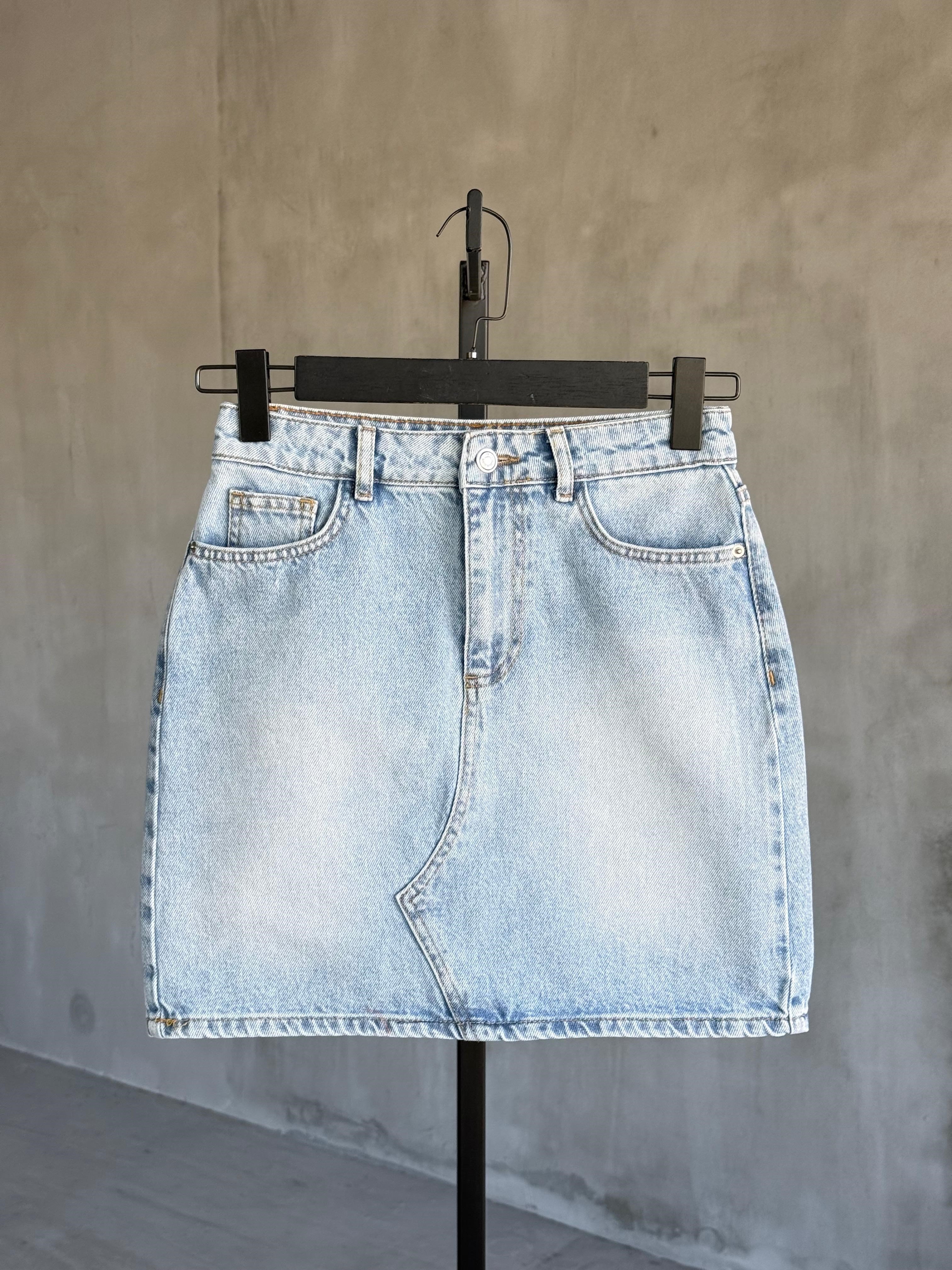 Yıkamalı Mini Kot Etek (Buz Mavisi)