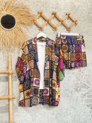 Kabile Desen Kimono Şort Takım (Mor)
