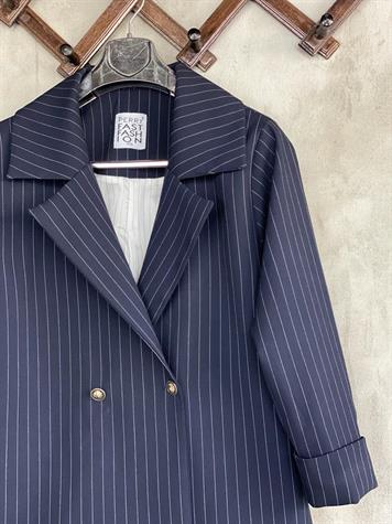  Çizgili Oversize Gold Düğmeli Ceket (Lacivert)