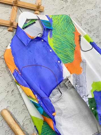  Dijital Baskılı Oversize Kesim Saten Gömlek (Mavi)