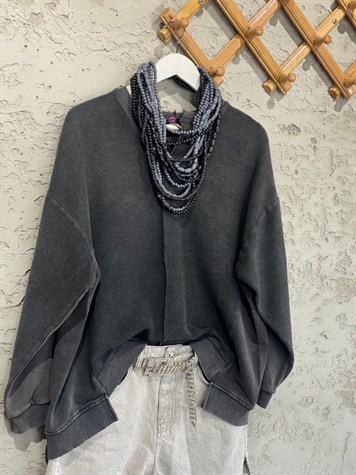 Taş Yıkama Kesik V Yaka Oversize Sweat (Antrasit)
