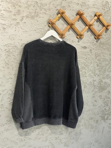 Taş Yıkama Kesik V Yaka Oversize Sweat (Antrasit)