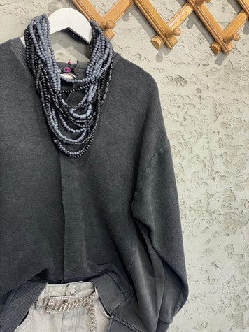 Taş Yıkama Kesik V Yaka Oversize Sweat (Antrasit)