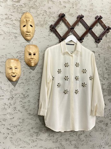 	Kristal Boncuk İşlemeli Tasarım Oversize Gömlek (Ekru)